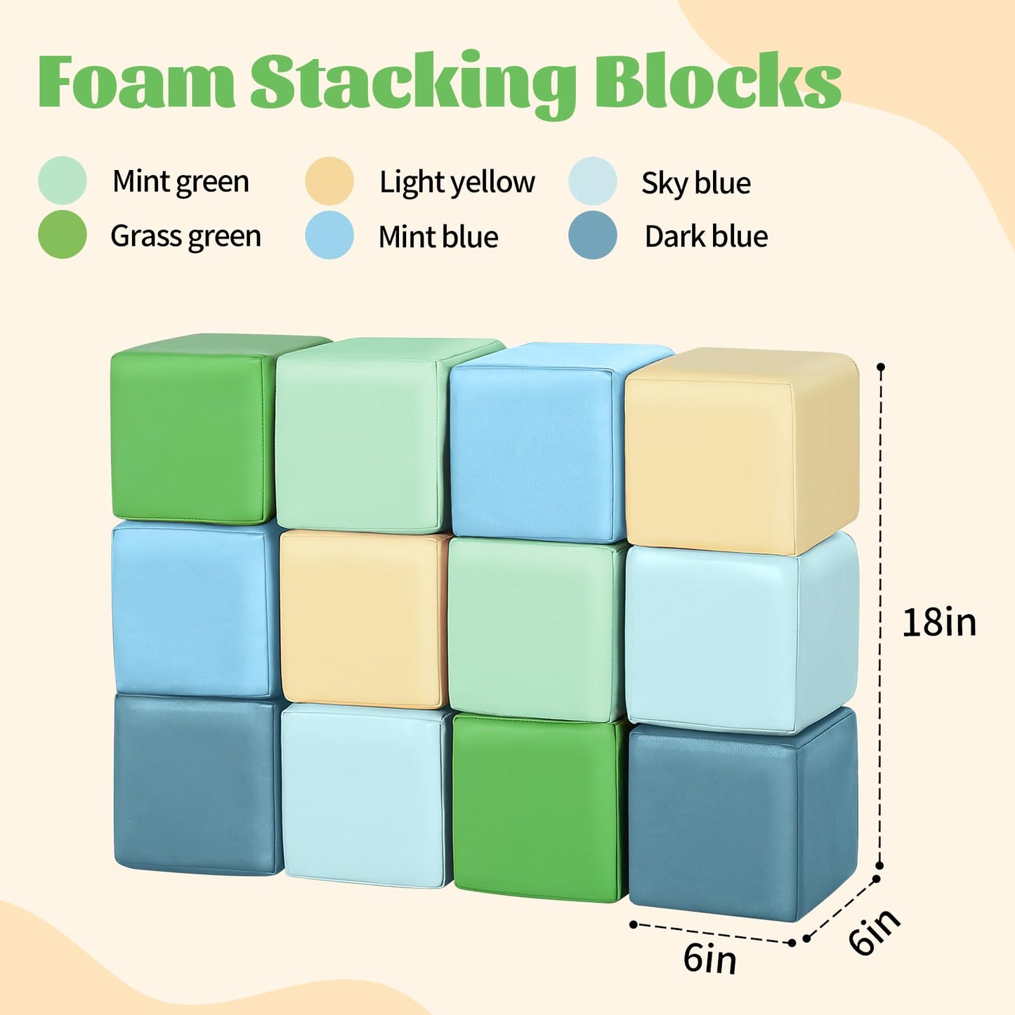 Todiby Foam Building Blocks for Toddlers – 12-Piece Wipeable Leather Stacking Cubes (Yellow-Green)