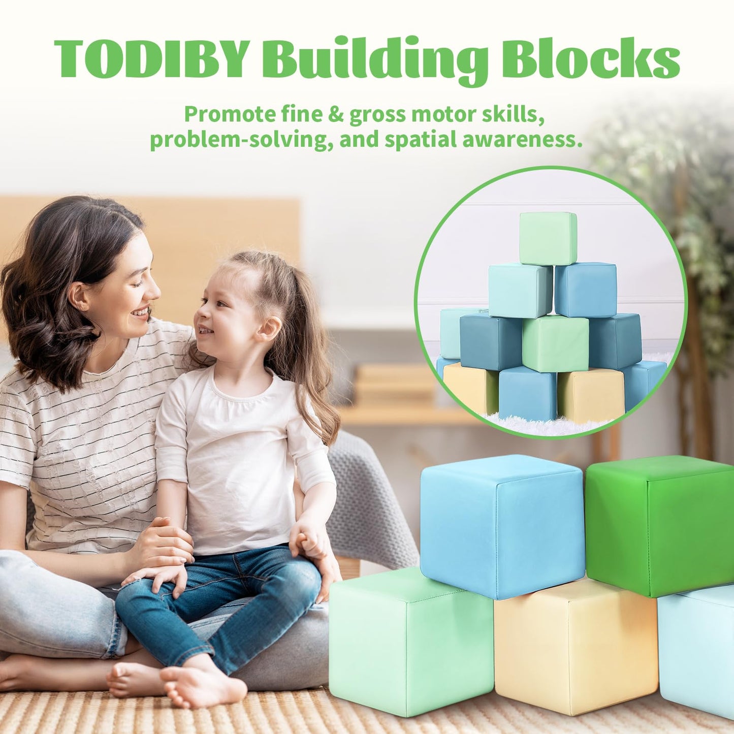 Todiby Foam Building Blocks for Toddlers – 12-Piece Wipeable Leather Stacking Cubes (Yellow-Green)