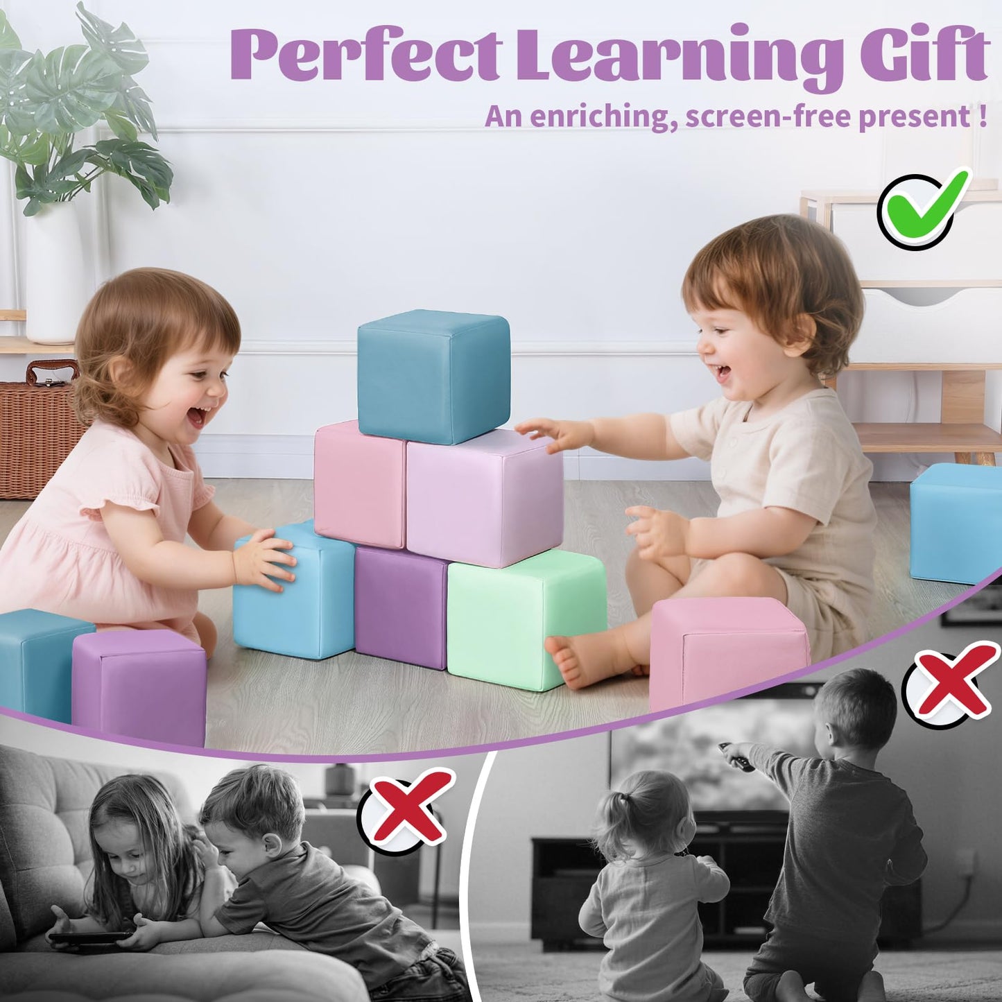 TODIBY 12-Piece Foam Building Blocks for Toddlers – Wipeable Leather Stacking Cubes (Lavender & Pink)