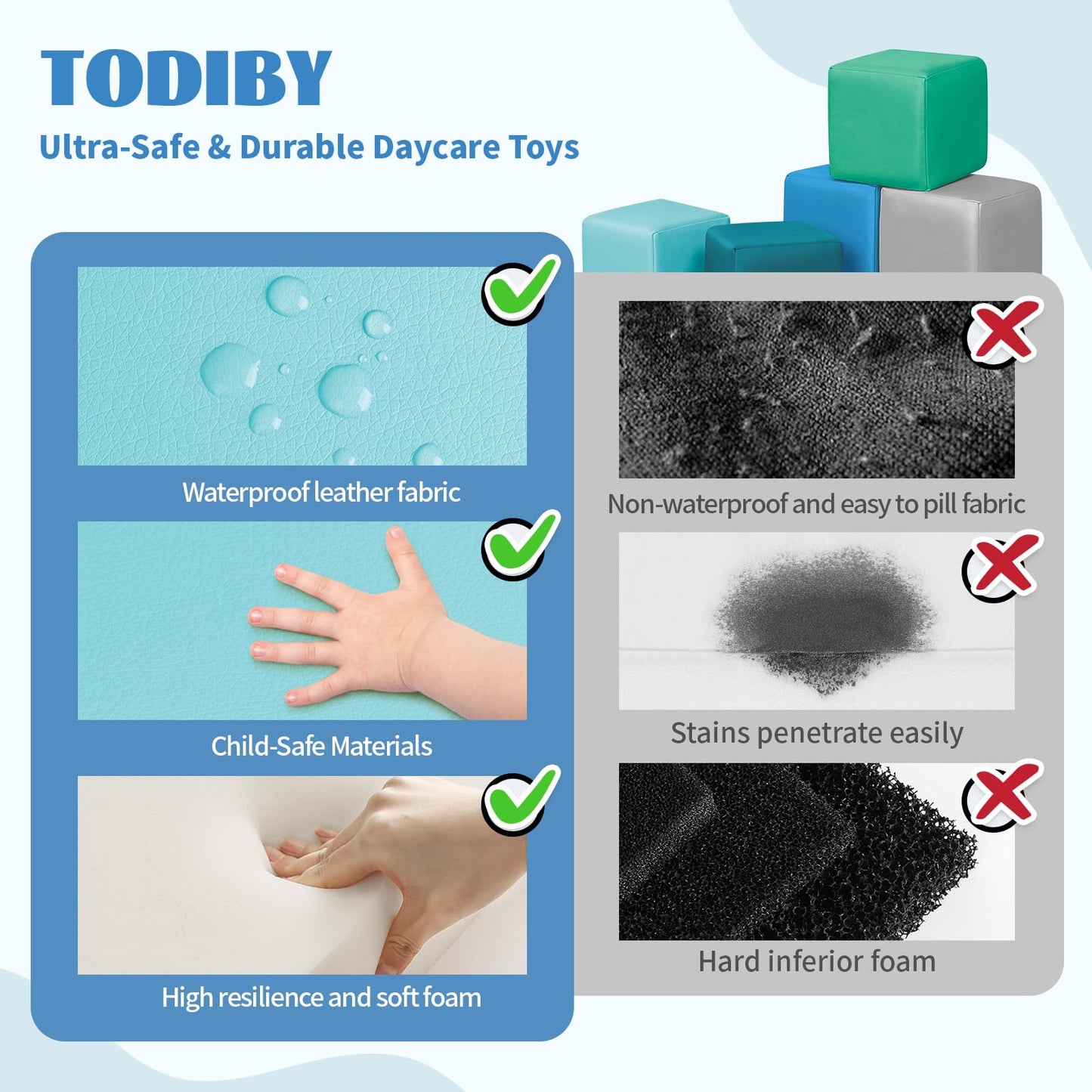 TODIBY Foam Building Blocks for Toddlers – 12-Piece Wipeable Leather Stacking Cubes