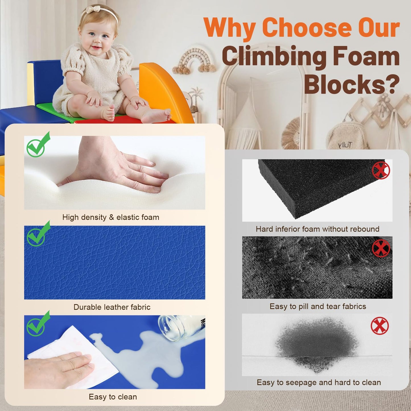 TODIBY 6-Piece Soft PU Leather Toddler Climbing Blocks – Foam Indoor Play Gym