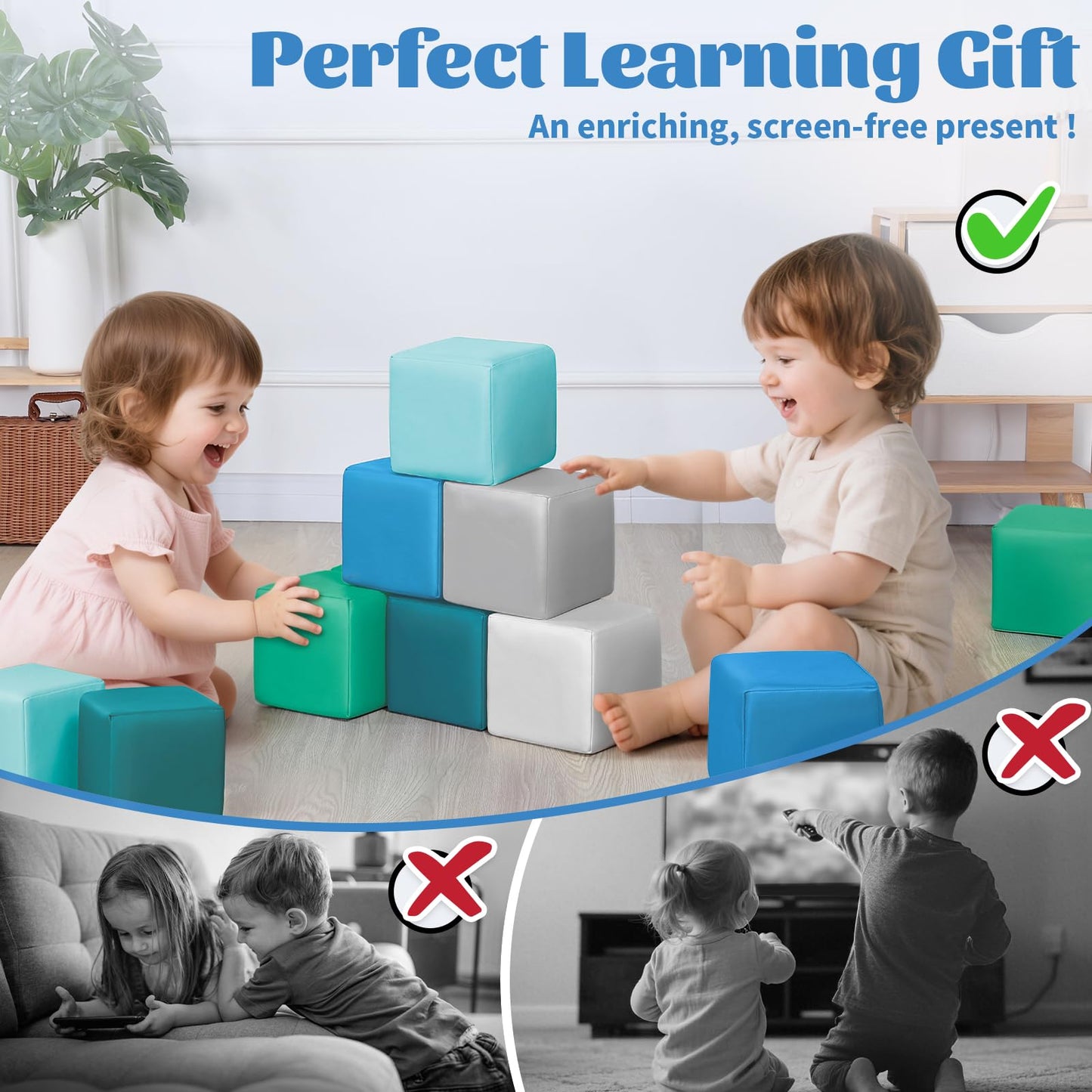 TODIBY Foam Building Blocks for Toddlers – 12-Piece Wipeable Leather Stacking Cubes