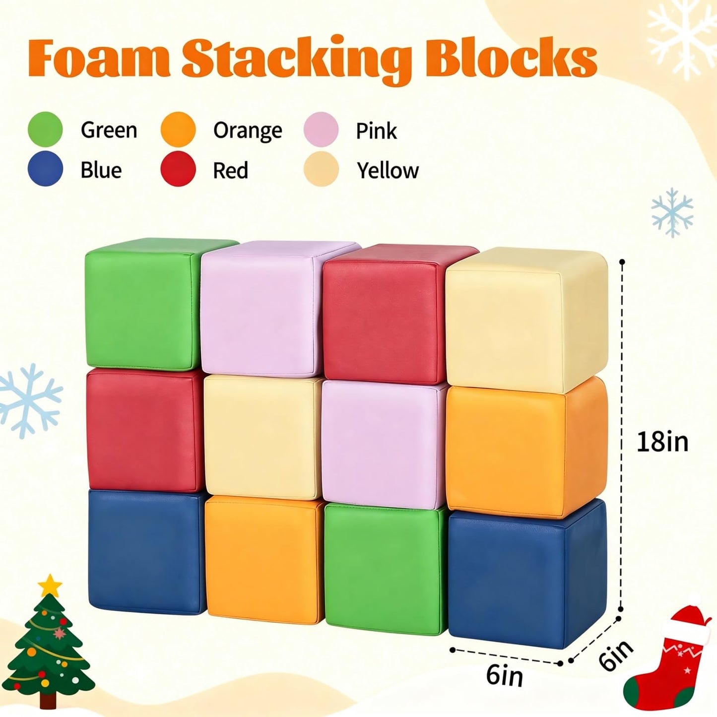 TODIBY Foam Building Blocks for Toddlers — 12 Large Wipeable Rainbow Blocks for Learning and Play