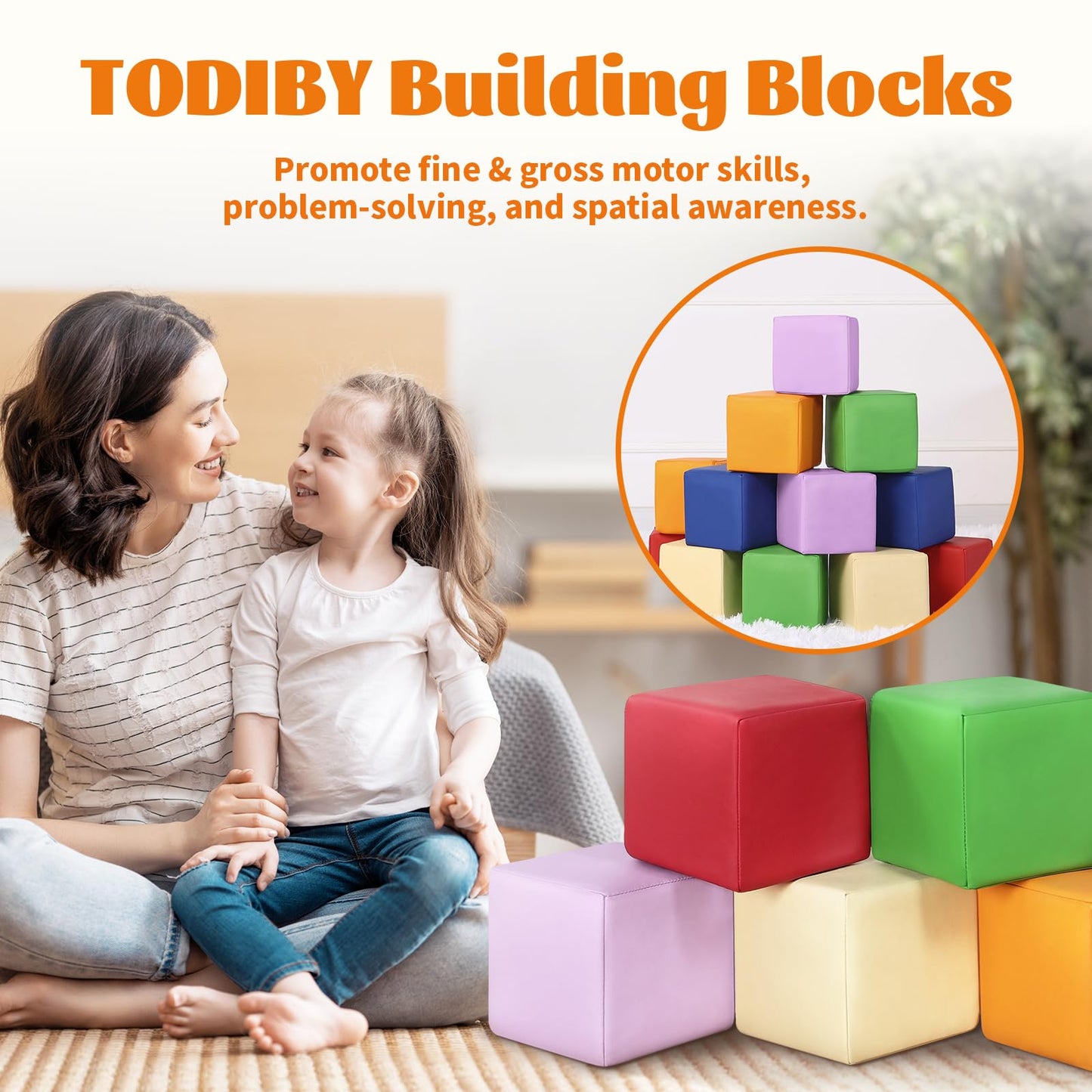TODIBY Foam Building Blocks for Toddlers — 12 Large Wipeable Rainbow Blocks for Learning and Play