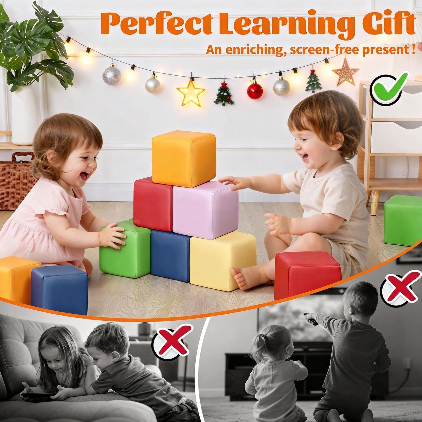 TODIBY Foam Building Blocks for Toddlers — 12 Large Wipeable Rainbow Blocks for Learning and Play