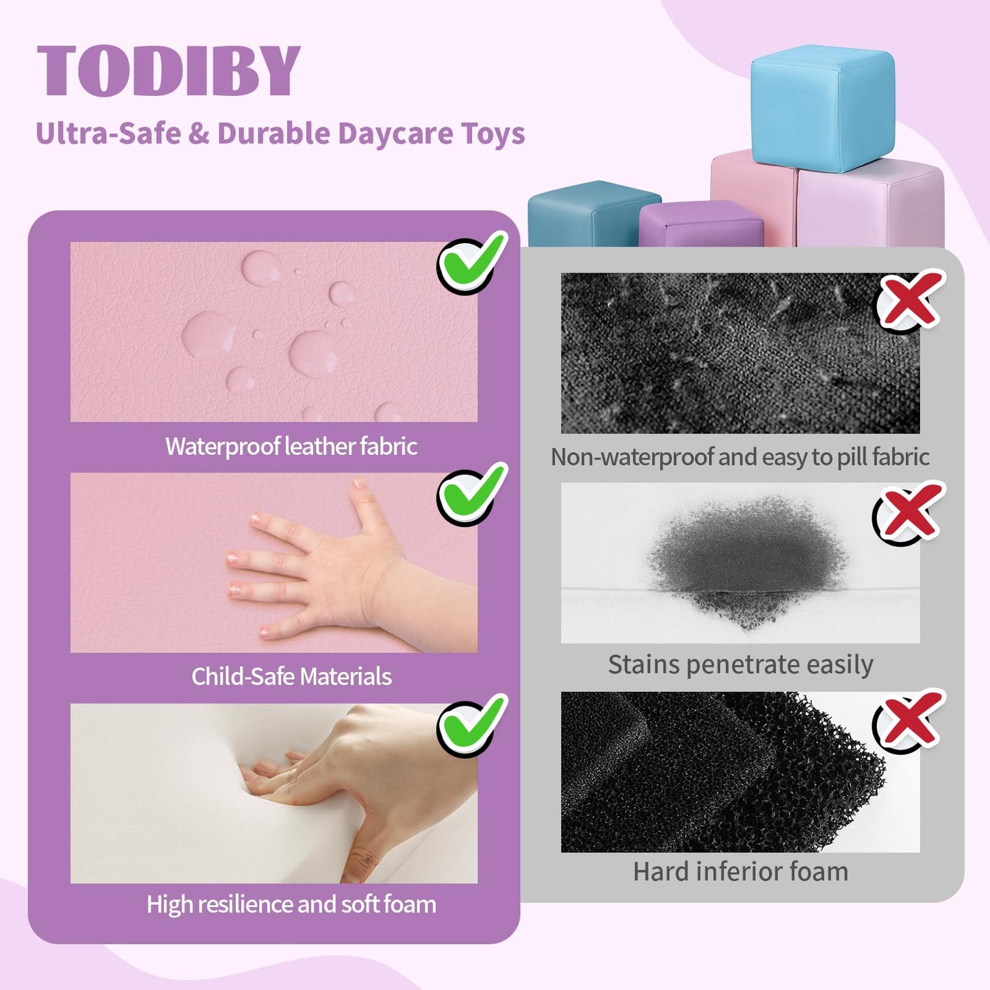 TODIBY 12-Piece Foam Building Blocks for Toddlers – Wipeable Leather Stacking Cubes (Lavender & Pink)