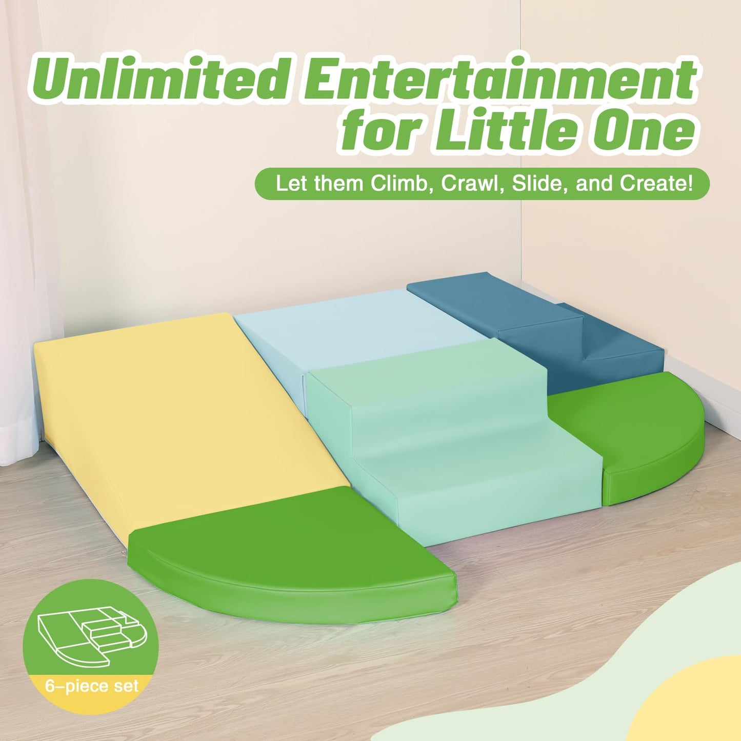 TODIBY 6-Piece Soft PU Leather Toddler Climbing Toys – Indoor Foam Play Set (Light Blue & Green)