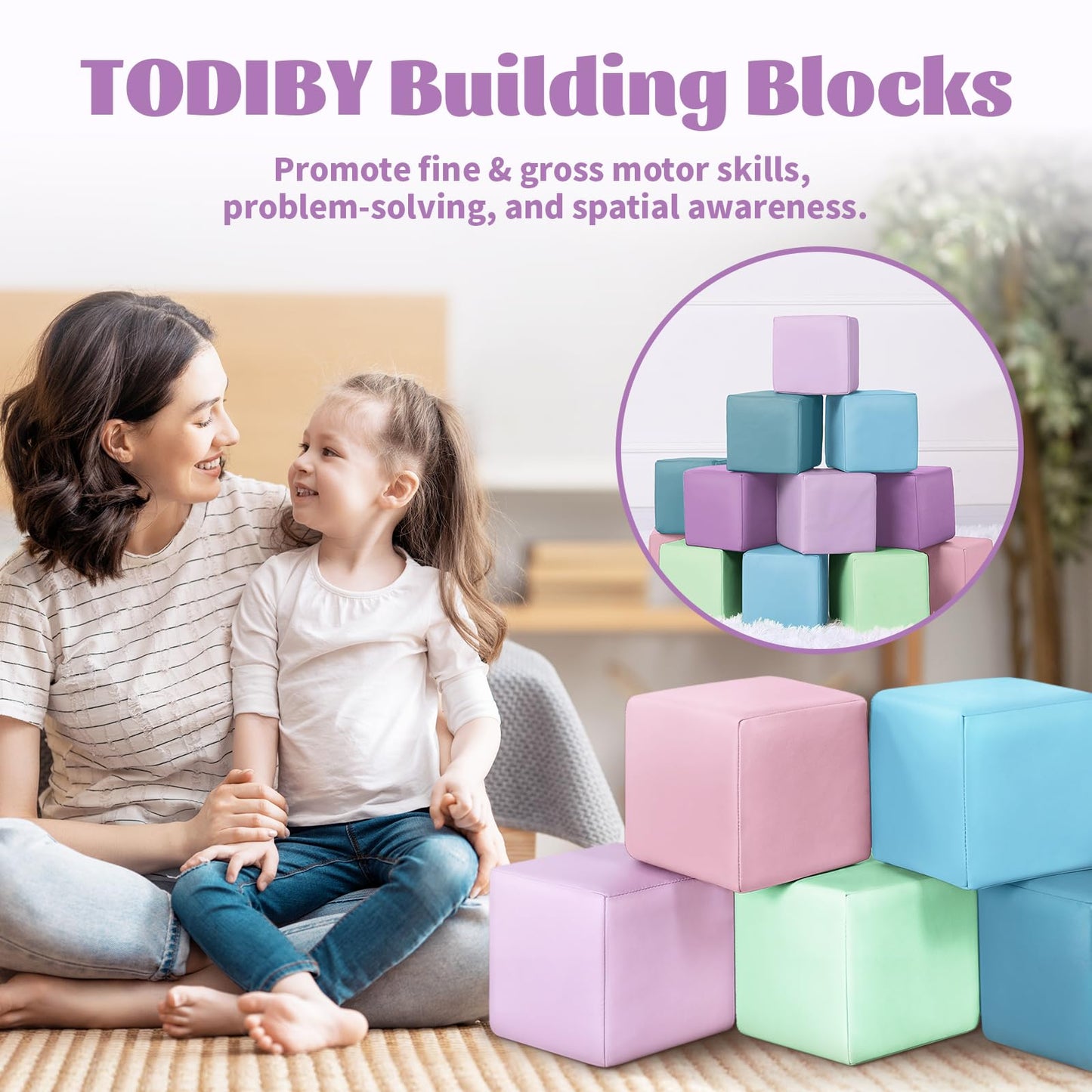 TODIBY 12-Piece Foam Building Blocks for Toddlers – Wipeable Leather Stacking Cubes (Lavender & Pink)