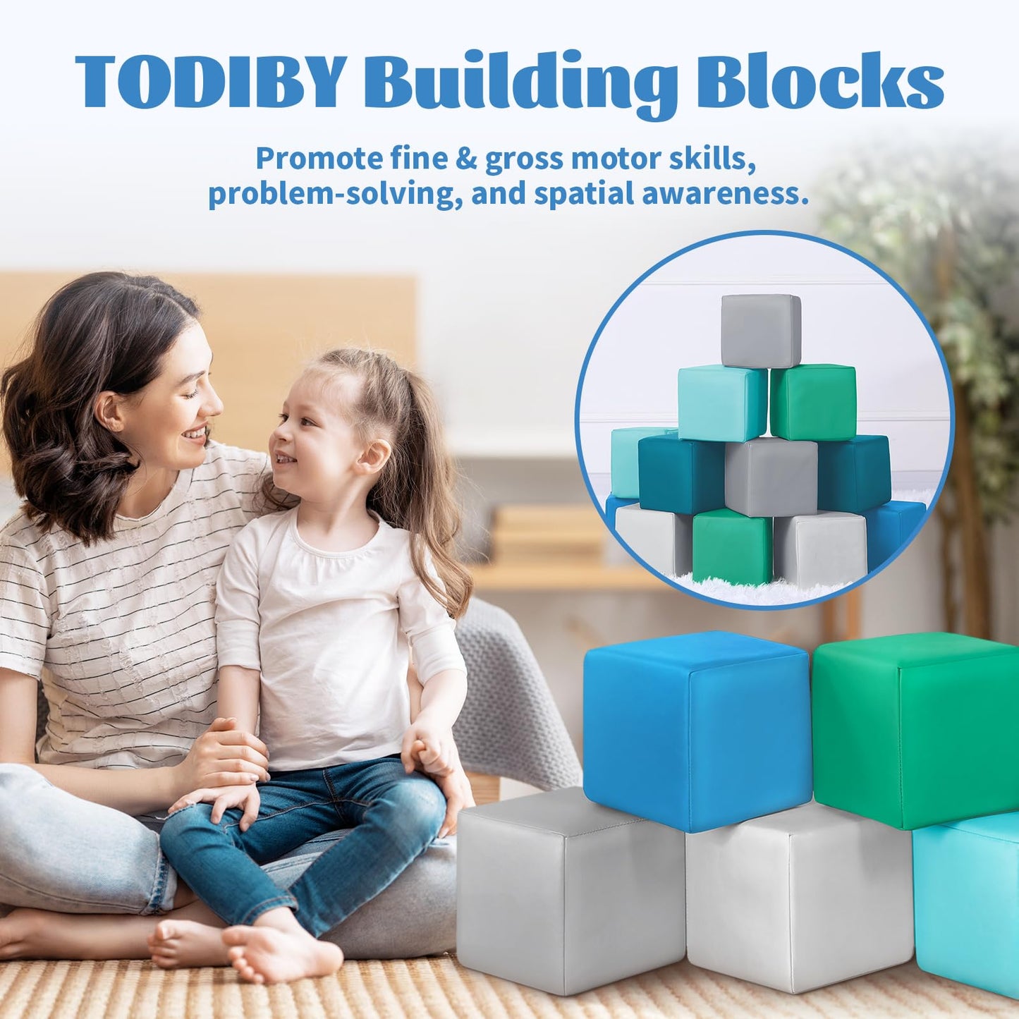 TODIBY Foam Building Blocks for Toddlers – 12-Piece Wipeable Leather Stacking Cubes