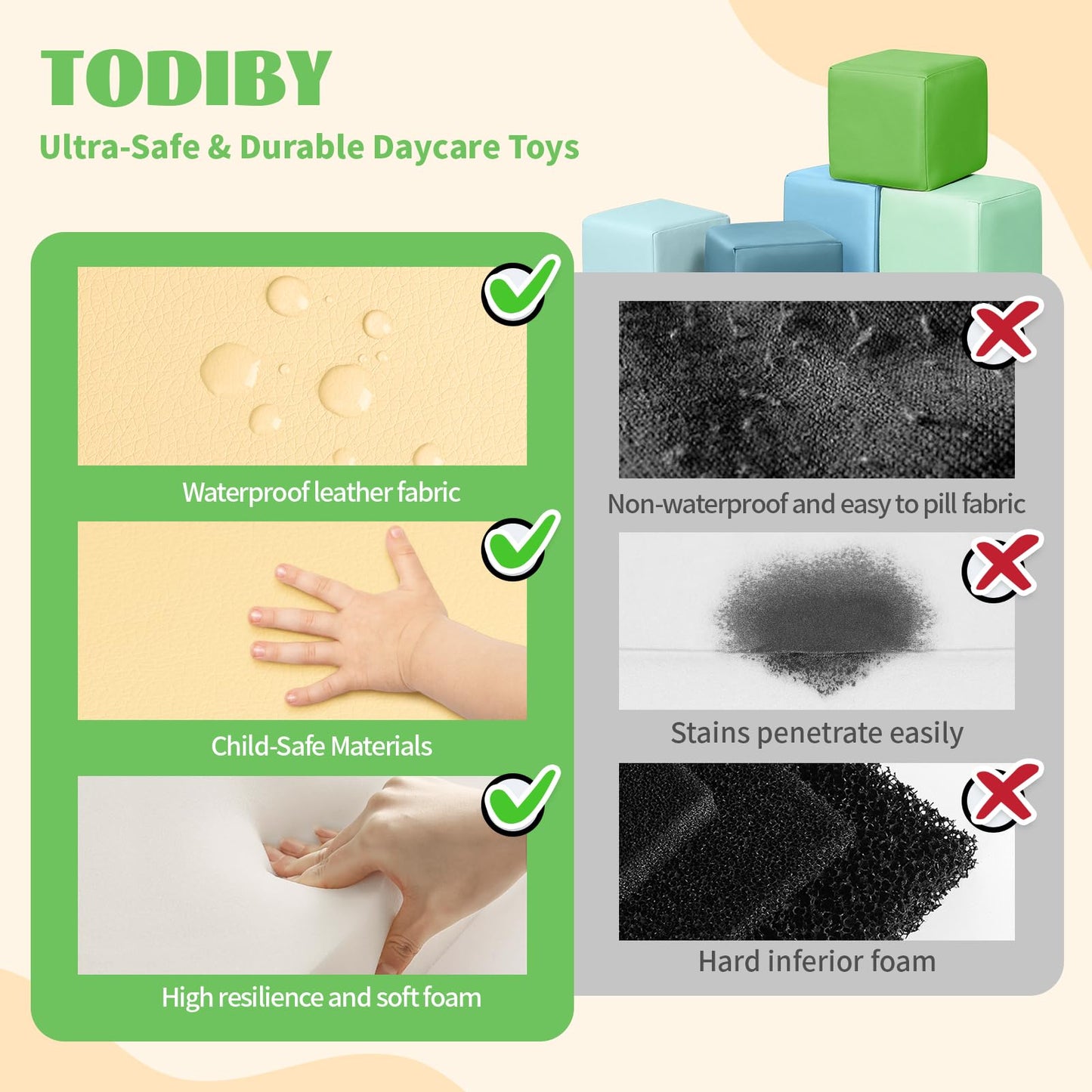 Todiby Foam Building Blocks for Toddlers – 12-Piece Wipeable Leather Stacking Cubes (Yellow-Green)