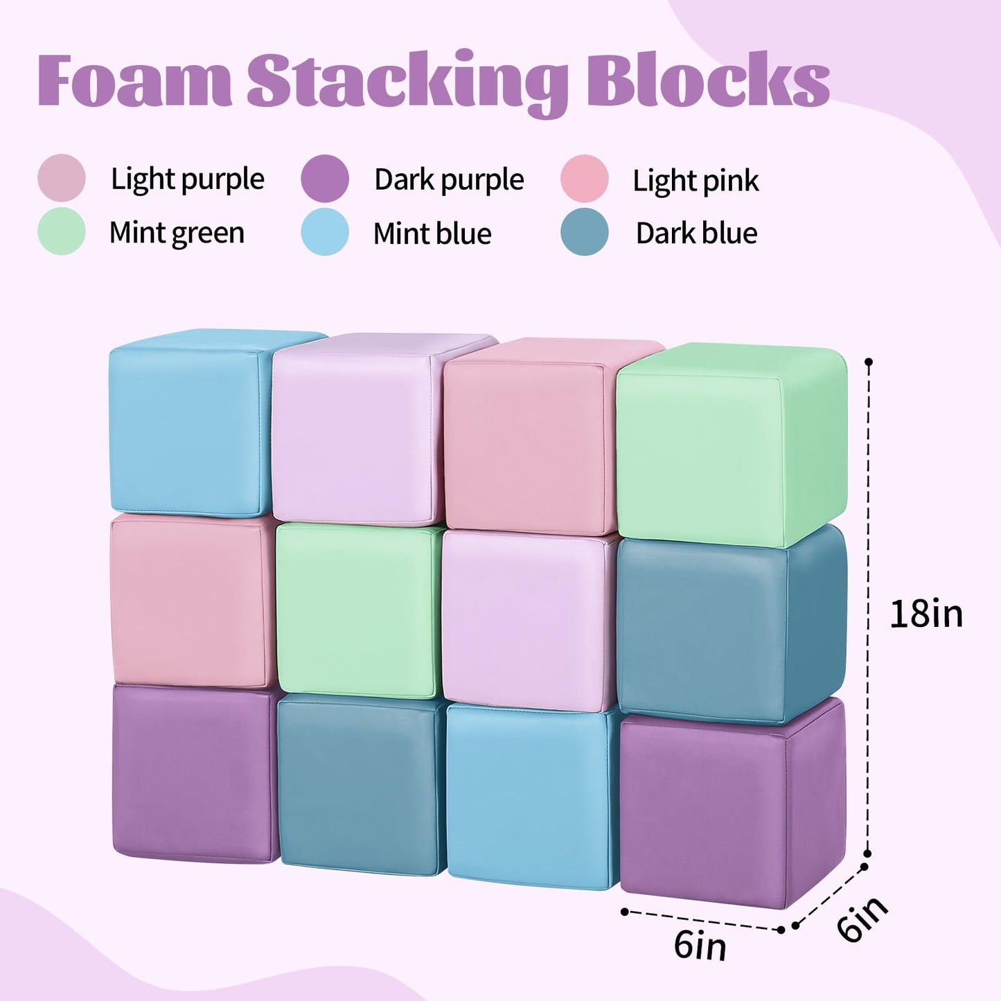 TODIBY 12-Piece Foam Building Blocks for Toddlers – Wipeable Leather Stacking Cubes (Lavender & Pink)