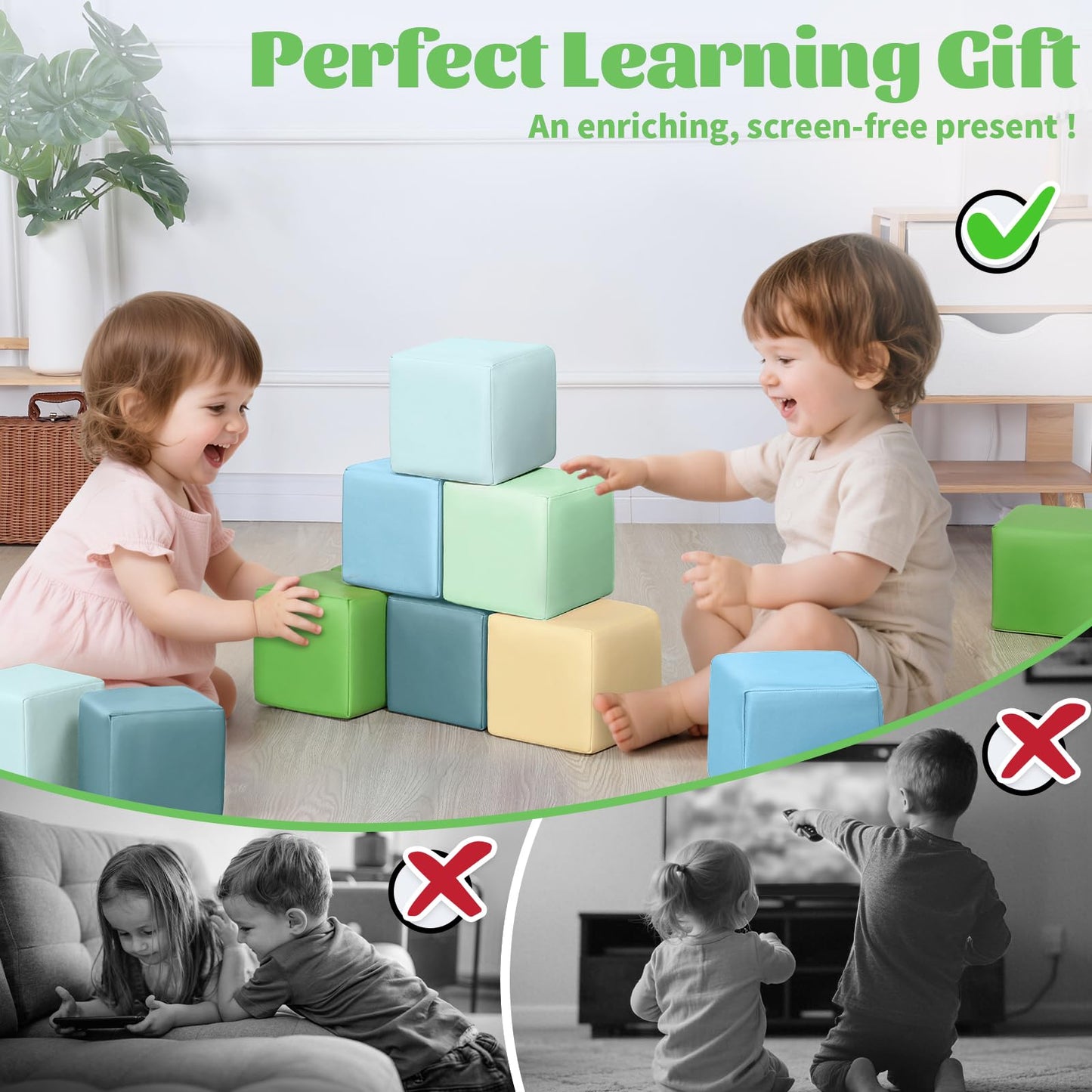 Todiby Foam Building Blocks for Toddlers – 12-Piece Wipeable Leather Stacking Cubes (Yellow-Green)