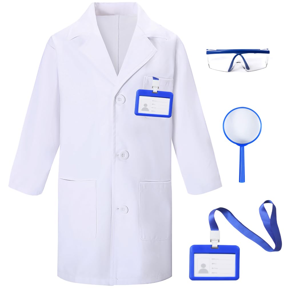 TOGROP 4Pcs Doctor Scientist Lab Costume for Kids – White Coat Dress-Up Set (3-4T)