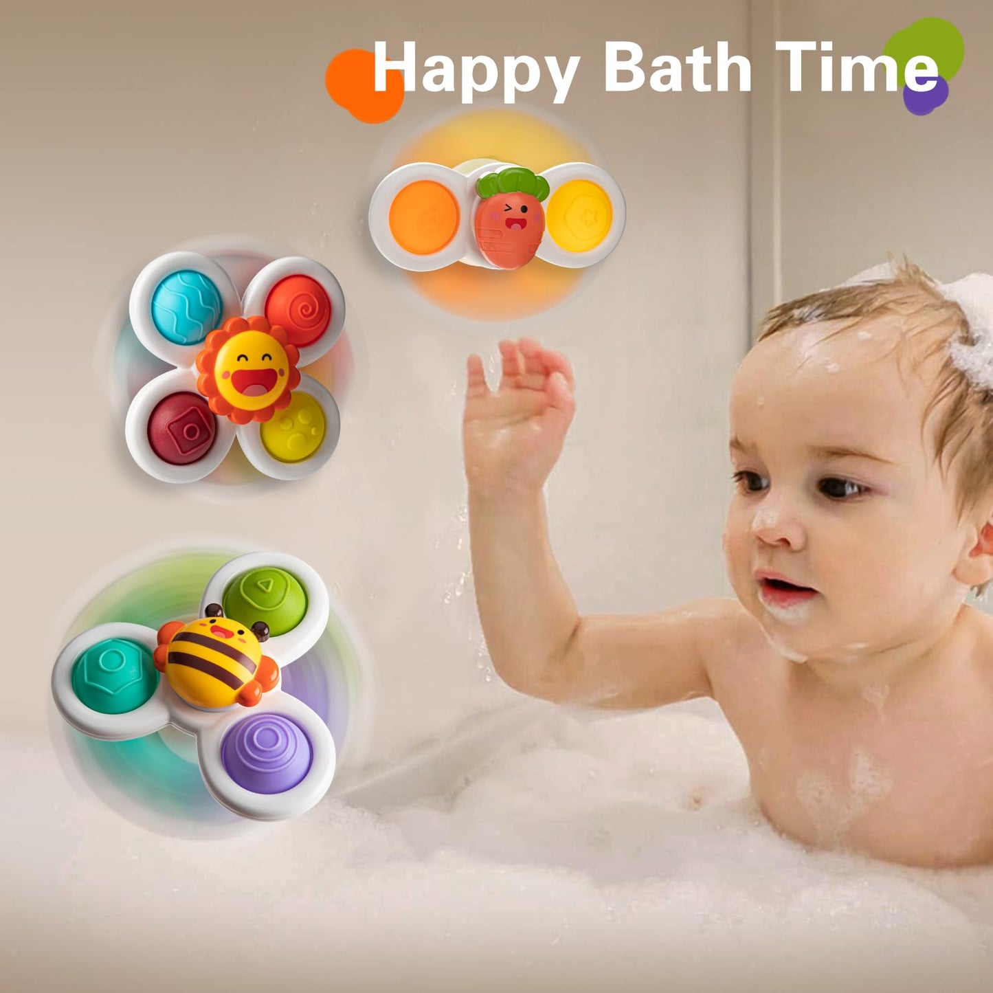 TOHIBEE 3PCS Suction Cup Spinner Toys for Toddlers 1-3 | Bath & Sensory Play