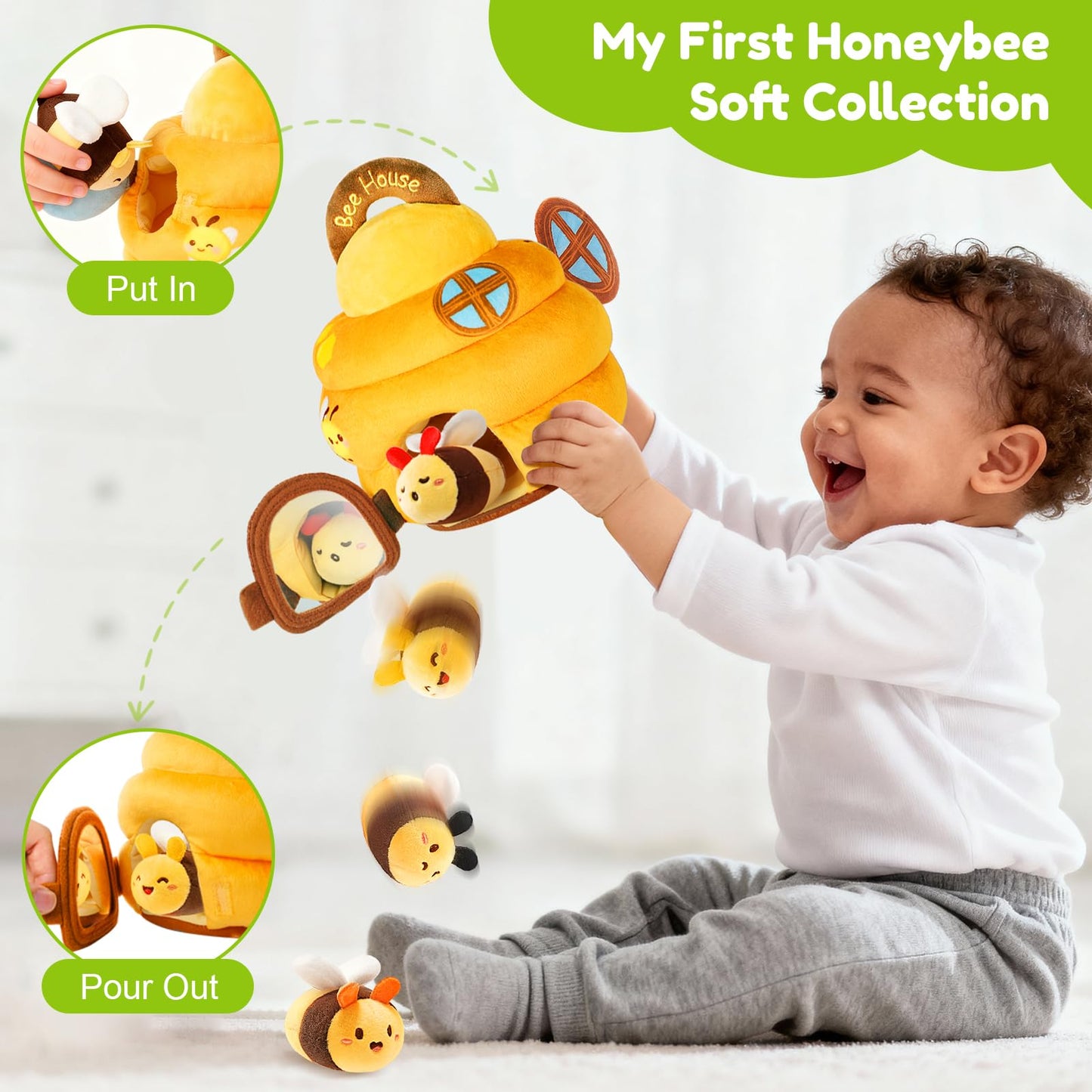 TOHIBEE Soft Beehive Toy for Babies 6-12 Months – 5 Sensory Bees, Rattle, Mirror & Music