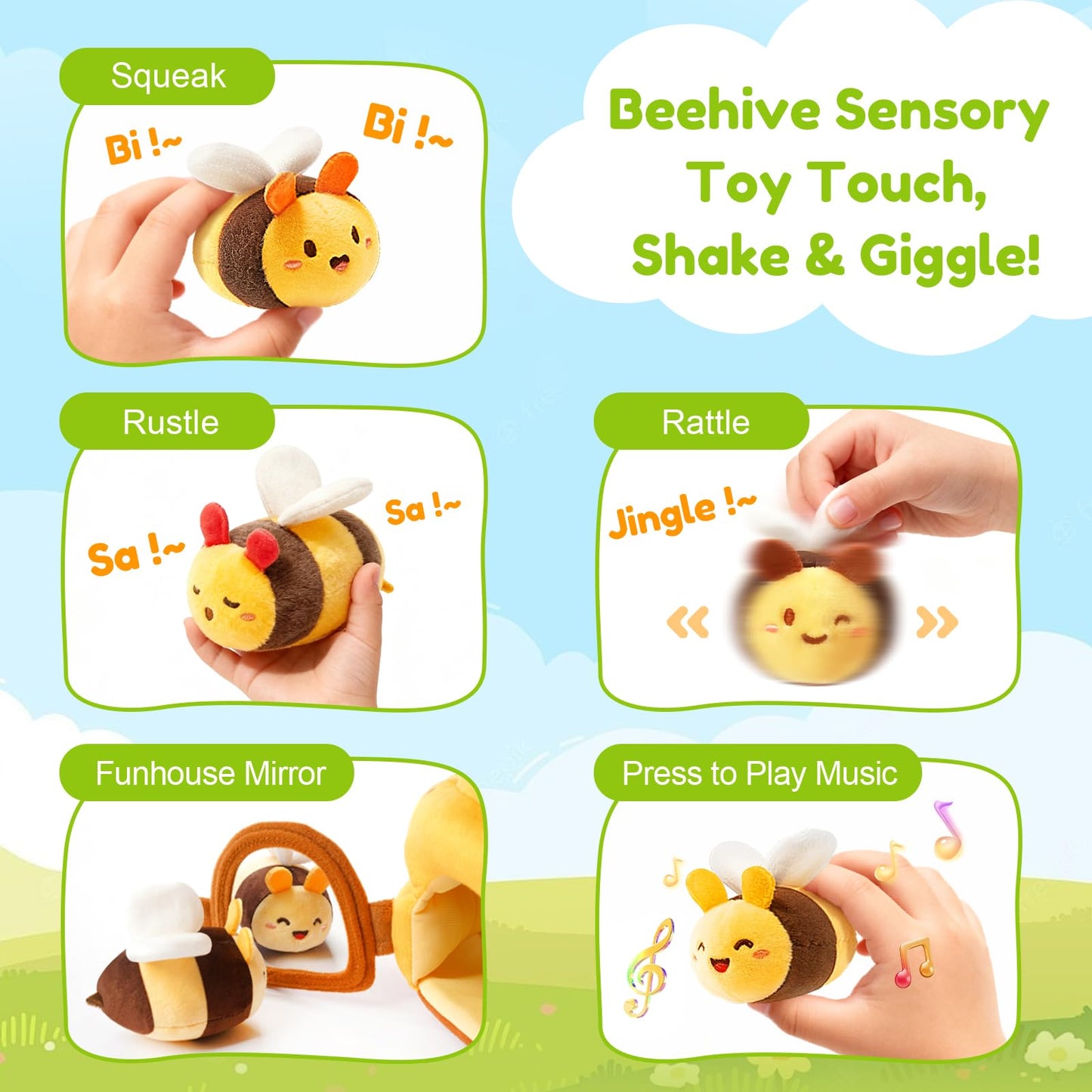 TOHIBEE Soft Beehive Toy for Babies 6-12 Months – 5 Sensory Bees, Rattle, Mirror & Music