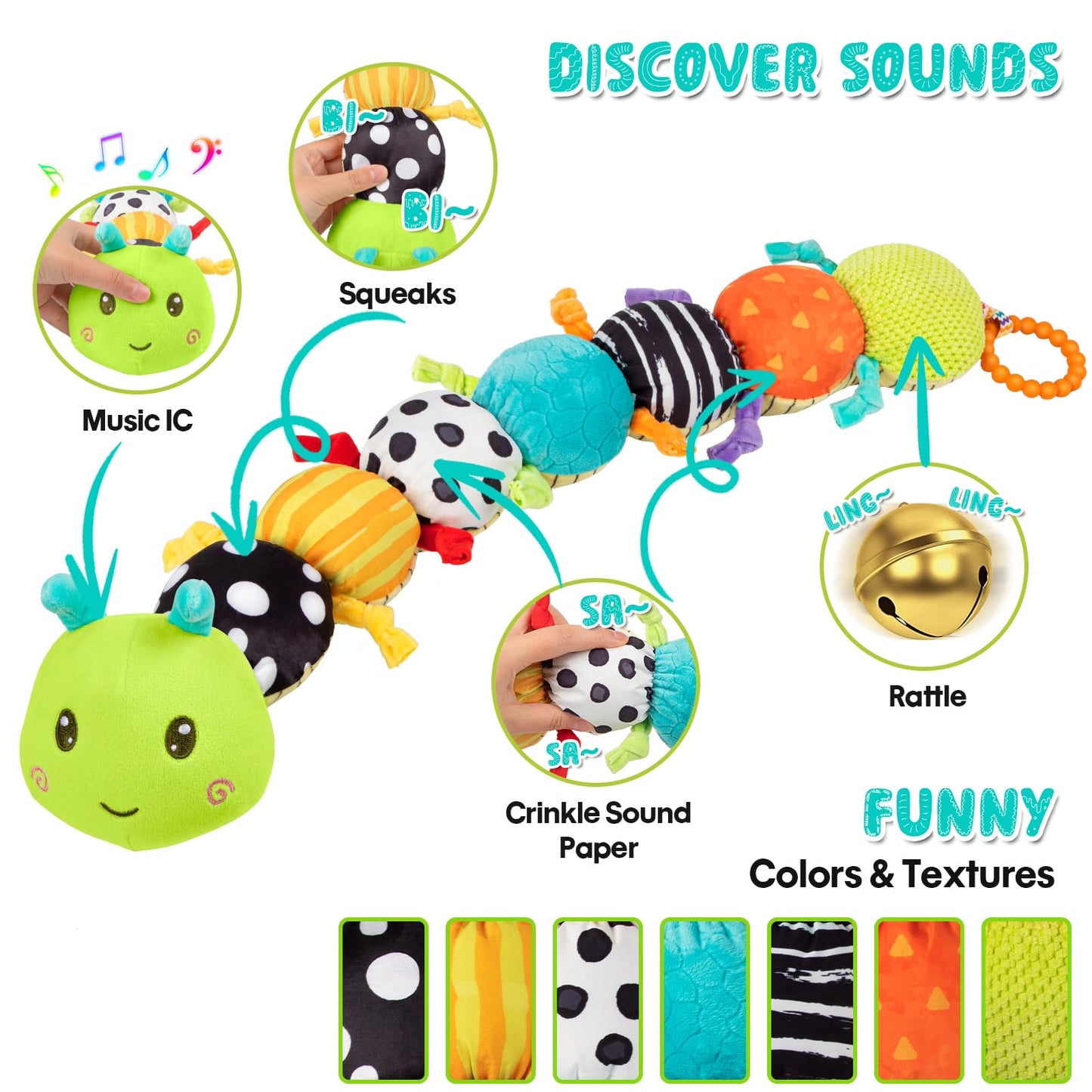 TOHIBEE 5-in-1 Musical Baby Caterpillar Toy – Tummy Time Fun for 0-18 Months