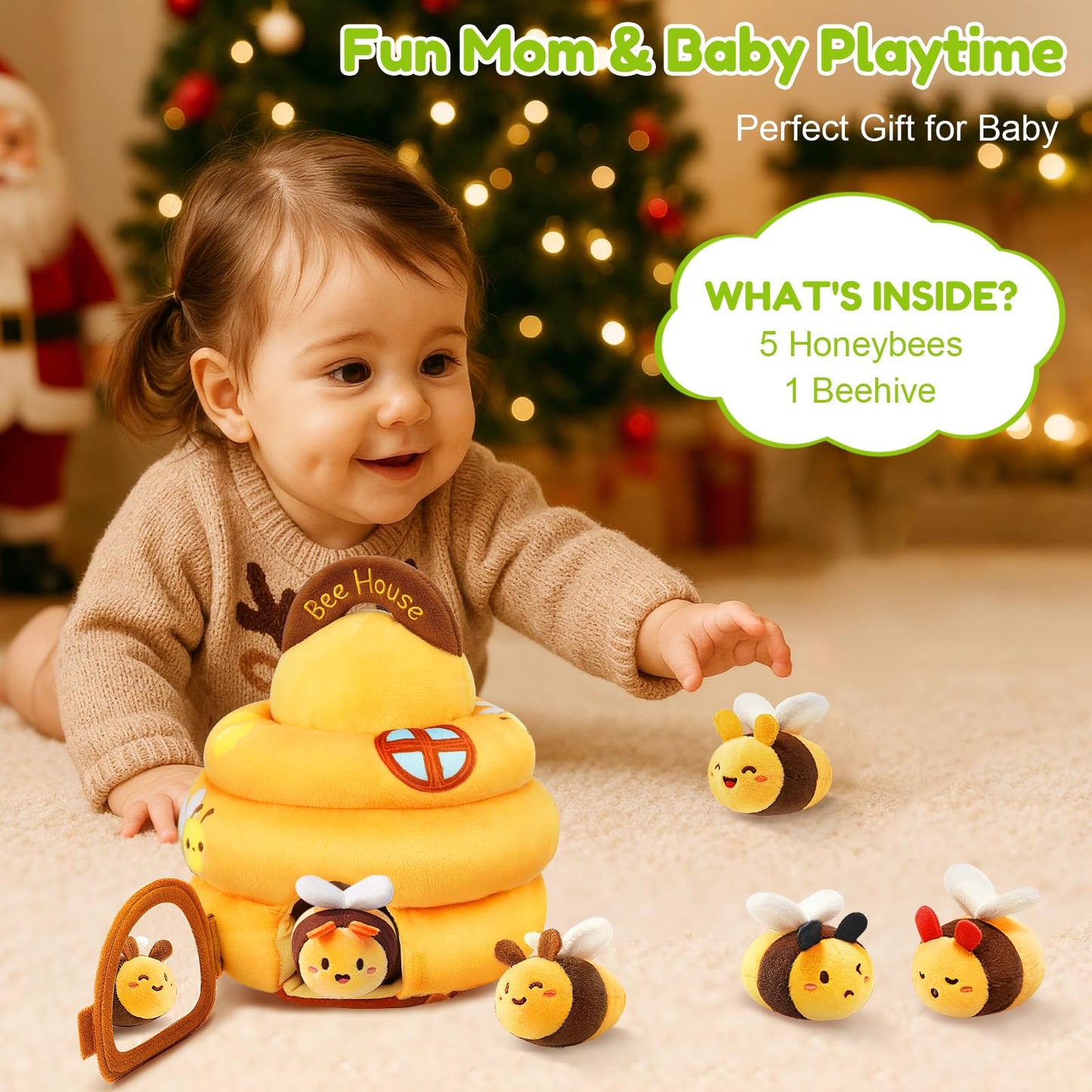 TOHIBEE Soft Beehive Toy for Babies 6-12 Months – 5 Sensory Bees, Rattle, Mirror & Music