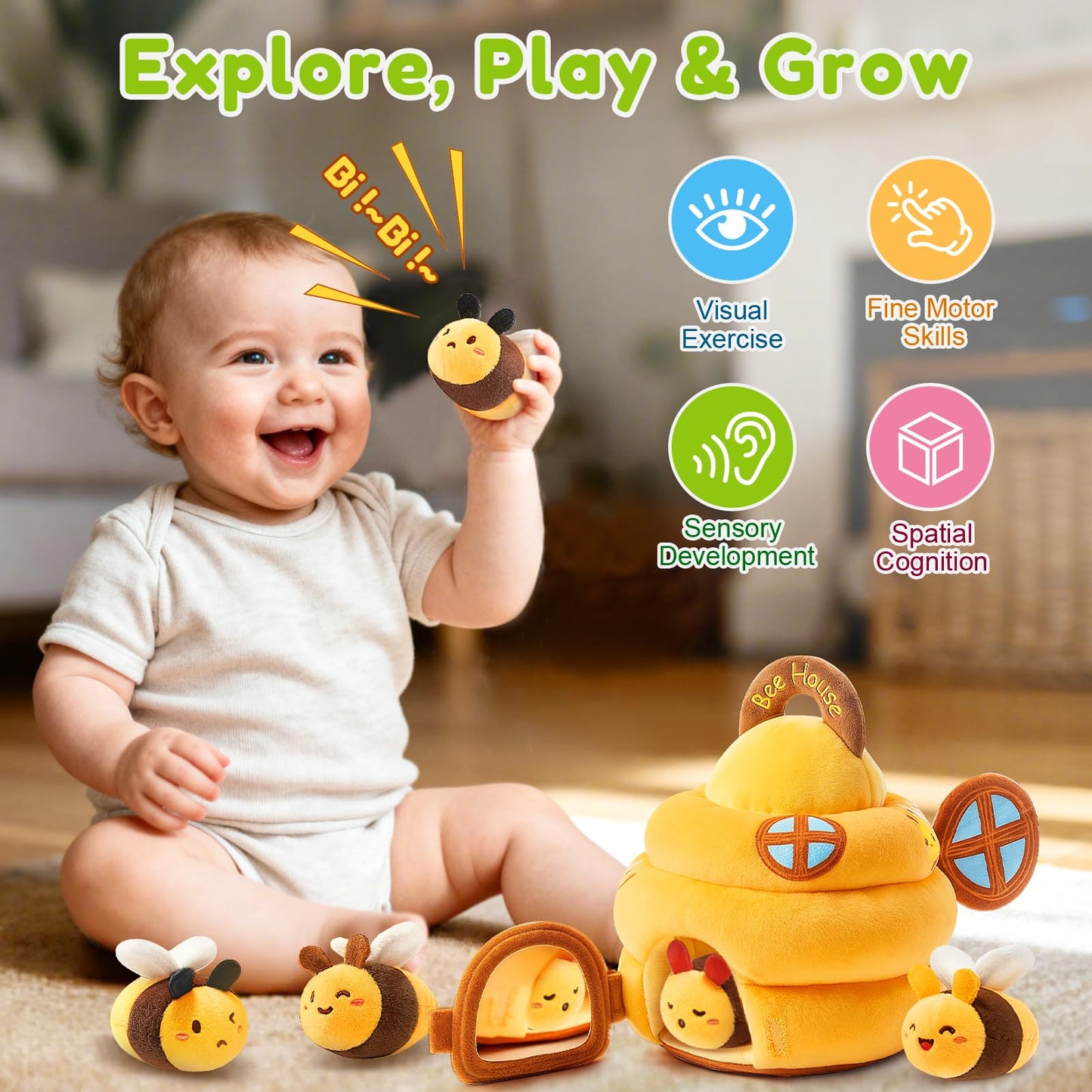 TOHIBEE Soft Beehive Toy for Babies 6-12 Months – 5 Sensory Bees, Rattle, Mirror & Music