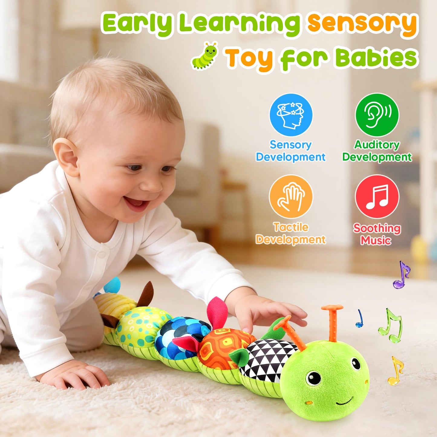 TOHIBEE Musical Caterpillar Baby Toy — 5-in-1 Plush for 0-12 Months, Tummy Time & Sensory Play