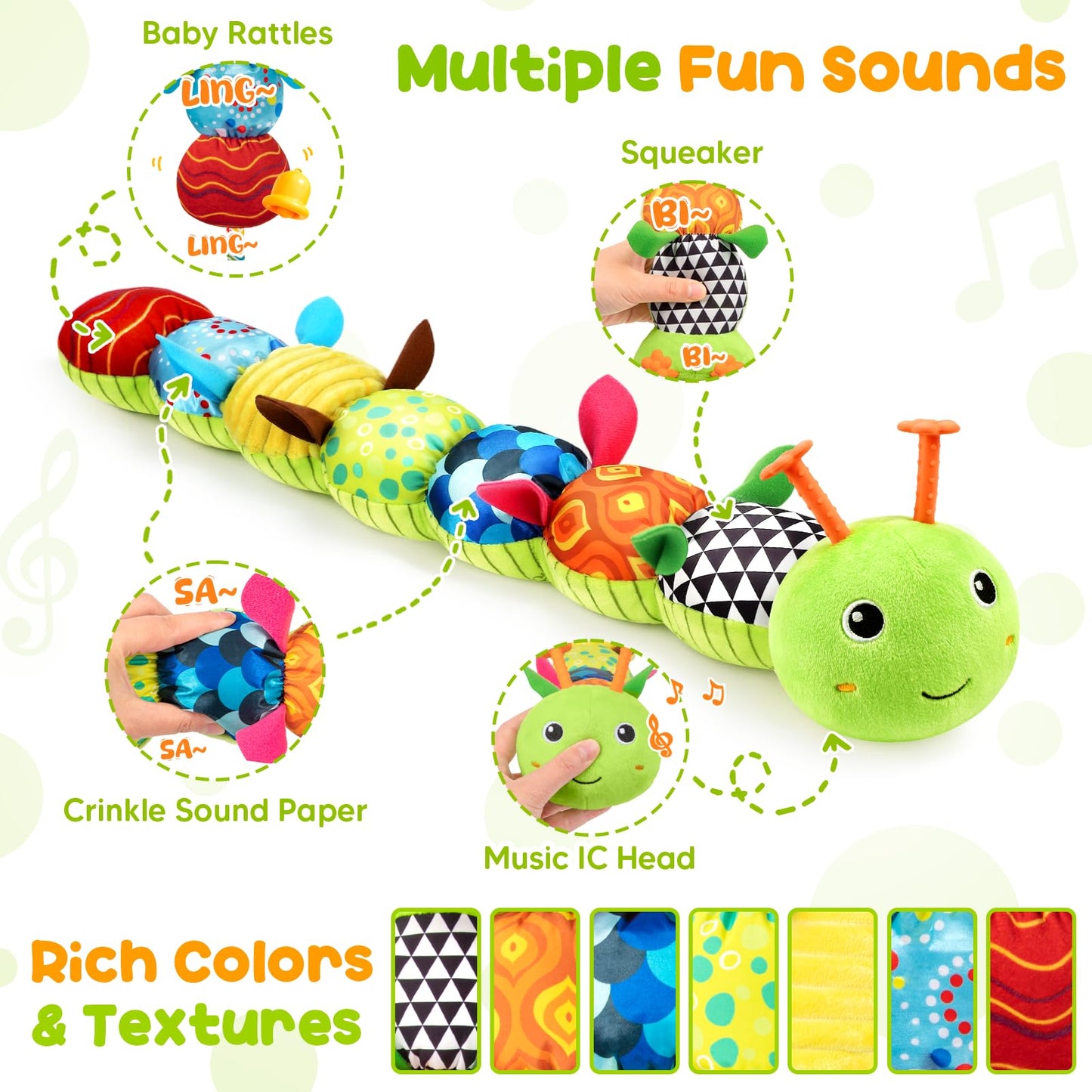 TOHIBEE Musical Caterpillar Baby Toy — 5-in-1 Plush for 0-12 Months, Tummy Time & Sensory Play