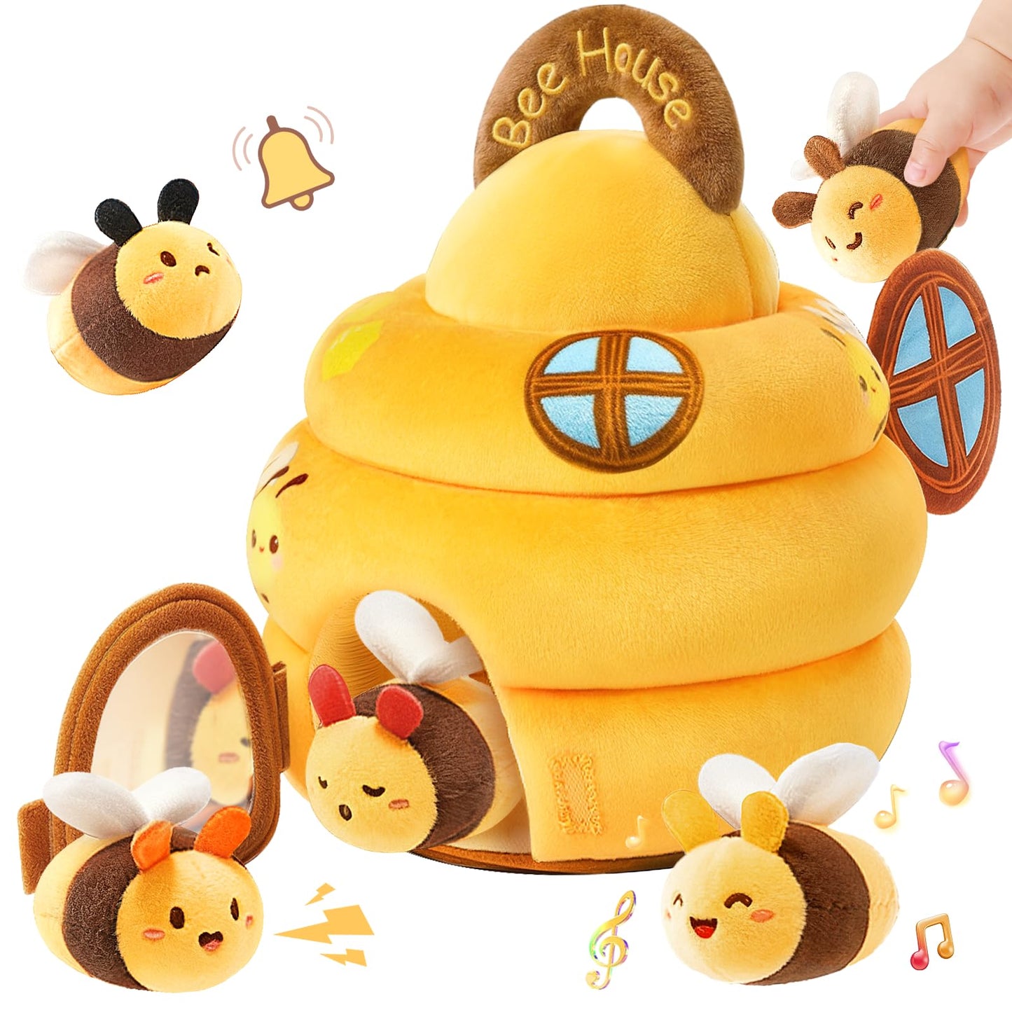 TOHIBEE Soft Beehive Toy for Babies 6-12 Months – 5 Sensory Bees, Rattle, Mirror & Music