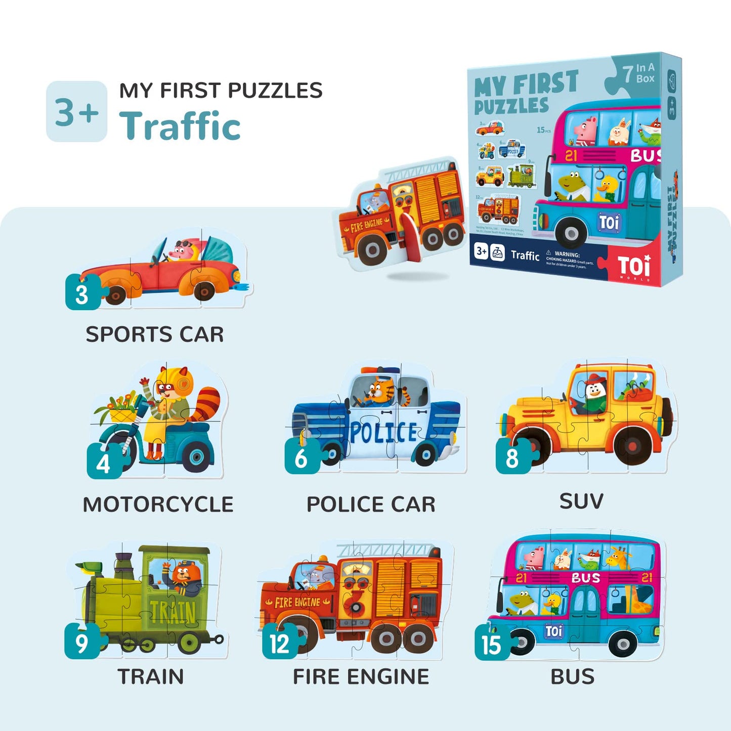 Toi 6-Pack Large Piece Toddler Puzzles – Animal & Traffic Floor Puzzles for 2.5+