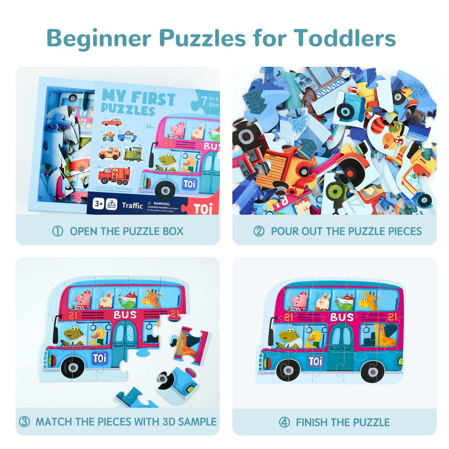 Toi 6-Pack Large Piece Toddler Puzzles – Animal & Traffic Floor Puzzles for 2.5+