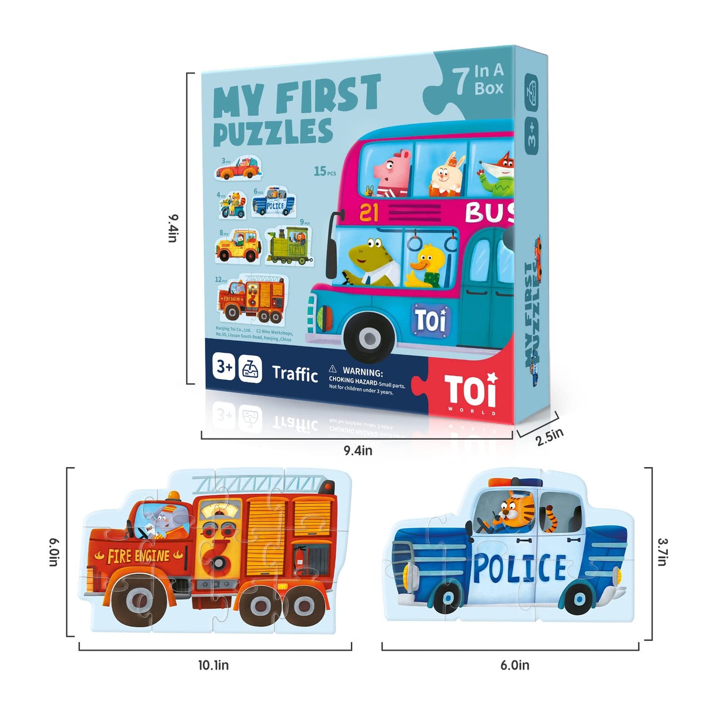 Toi 6-Pack Large Piece Toddler Puzzles – Animal & Traffic Floor Puzzles for 2.5+