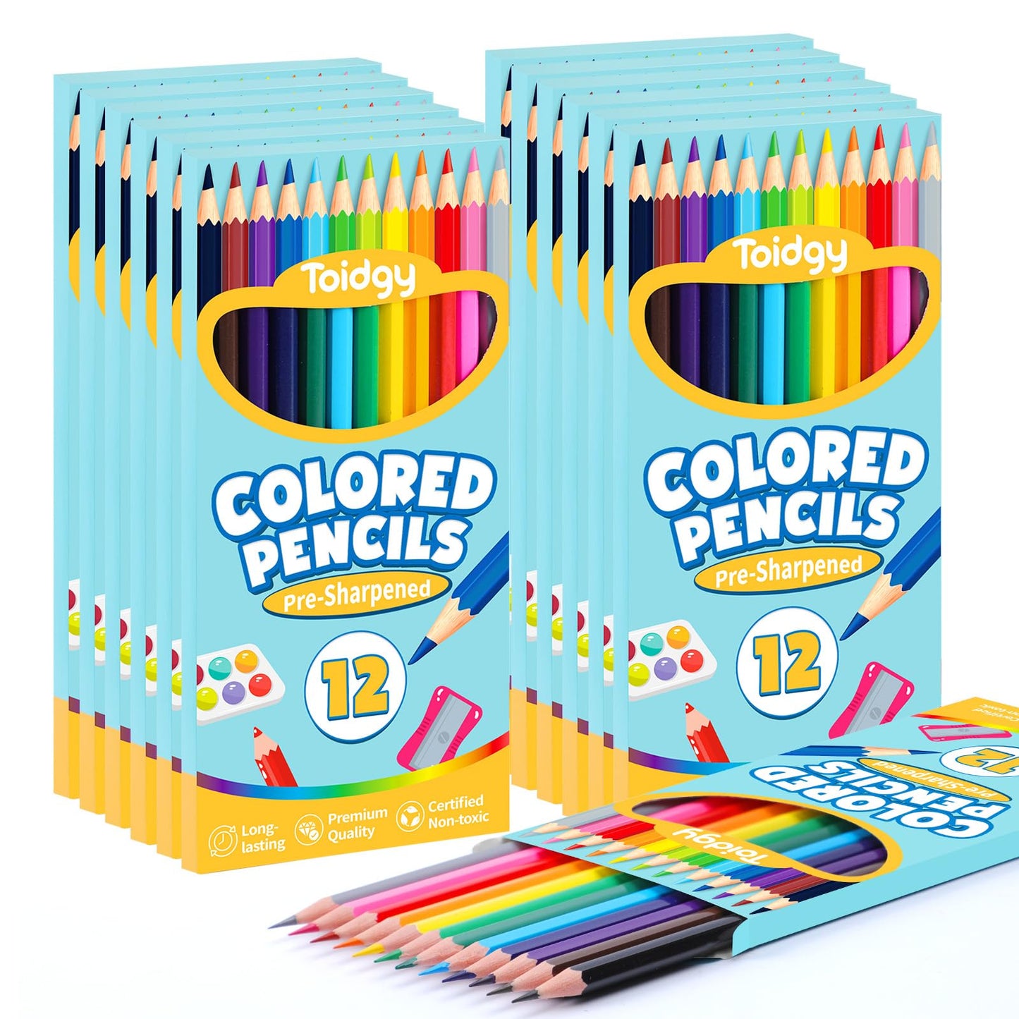 Toidgy 144-Count Colored Pencils Bulk Set — 12 Packs, Pre-Sharpened, Back-to-School Classroom Art Supplies for Kids