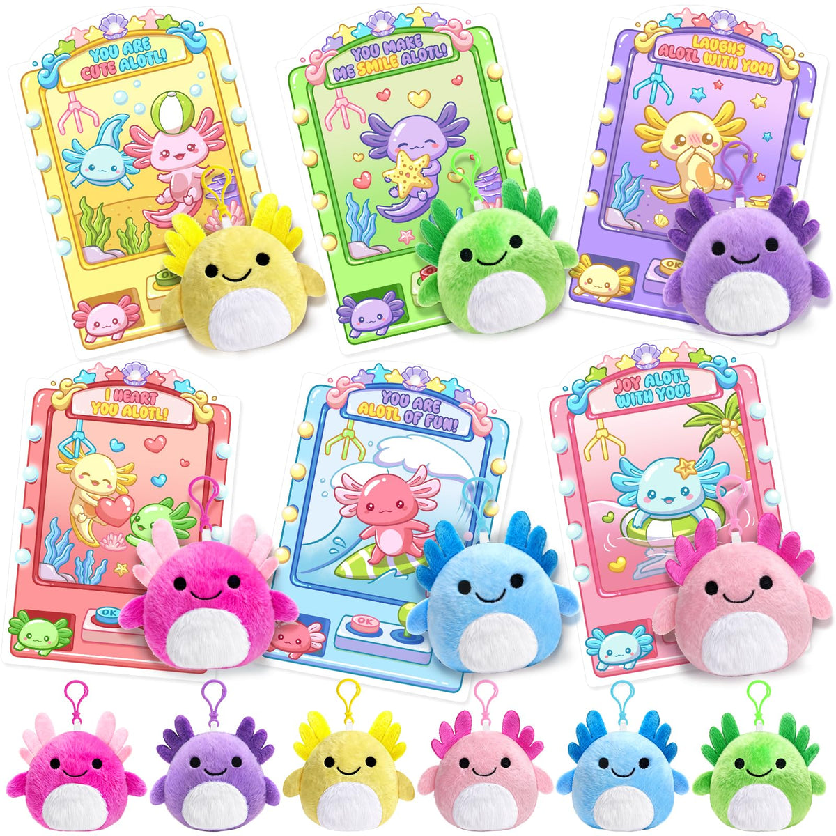 Toidgy Valentines Day Gifts for Kids — 24 Axolotl Plush Keychains & Cards