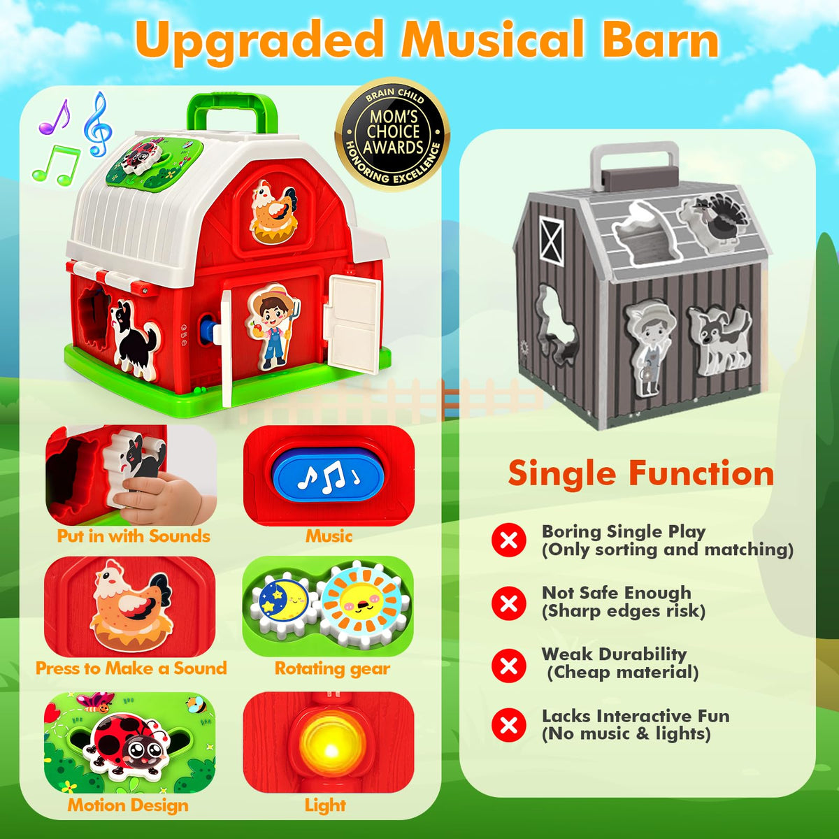 Toidgy Montessori Farm Toys for Toddlers 1-3 | Sound & Light Barn with Shape Sorting