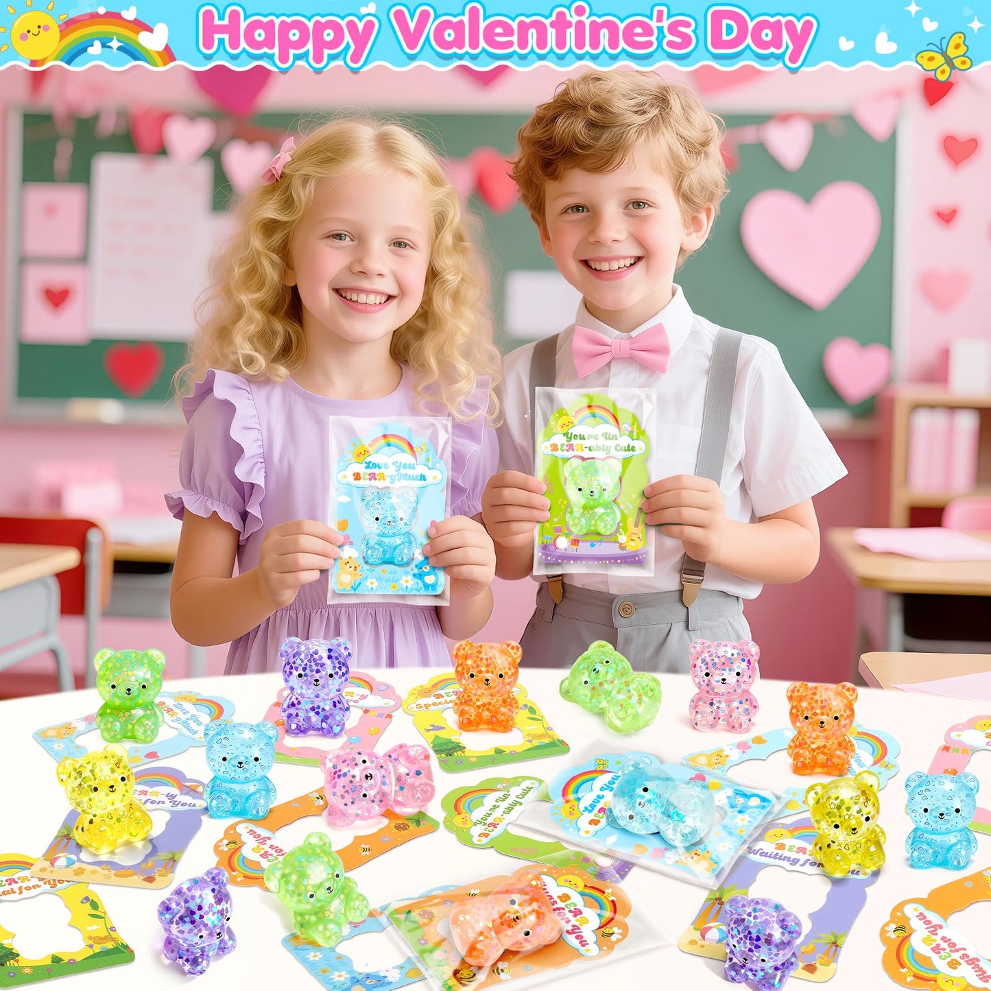 Toidgy Valentines Day Cards for Kids – 24 Pack with Squeeze Bear Toys & Classroom Party Favors
