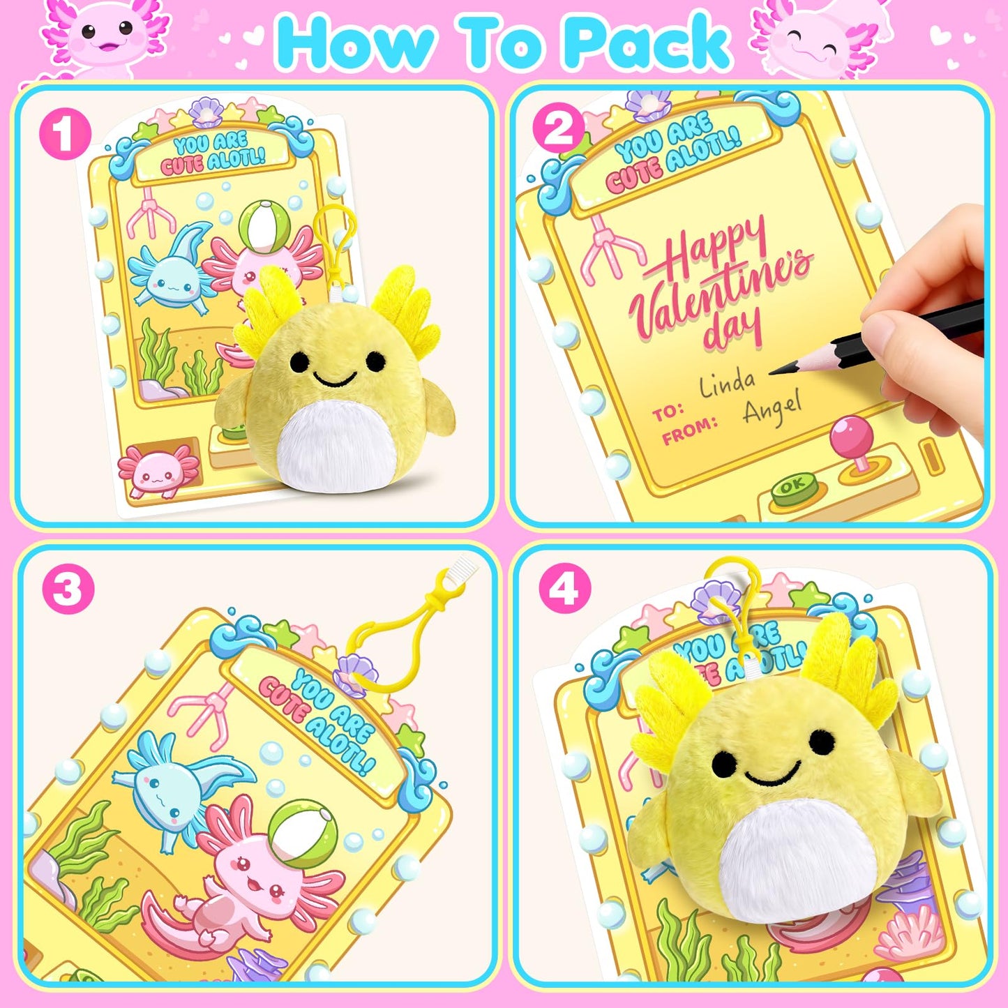 Toidgy Valentines Day Gifts for Kids — 24 Axolotl Plush Keychains & Cards