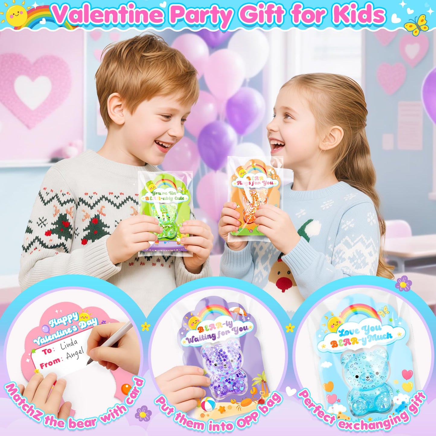 Toidgy Valentines Day Cards for Kids – 24 Pack with Squeeze Bear Toys & Classroom Party Favors