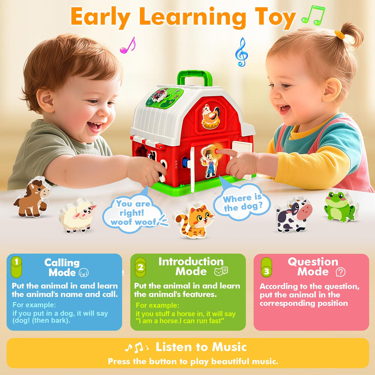 Toidgy Montessori Farm Toys for Toddlers 1-3 | Sound & Light Barn with Shape Sorting