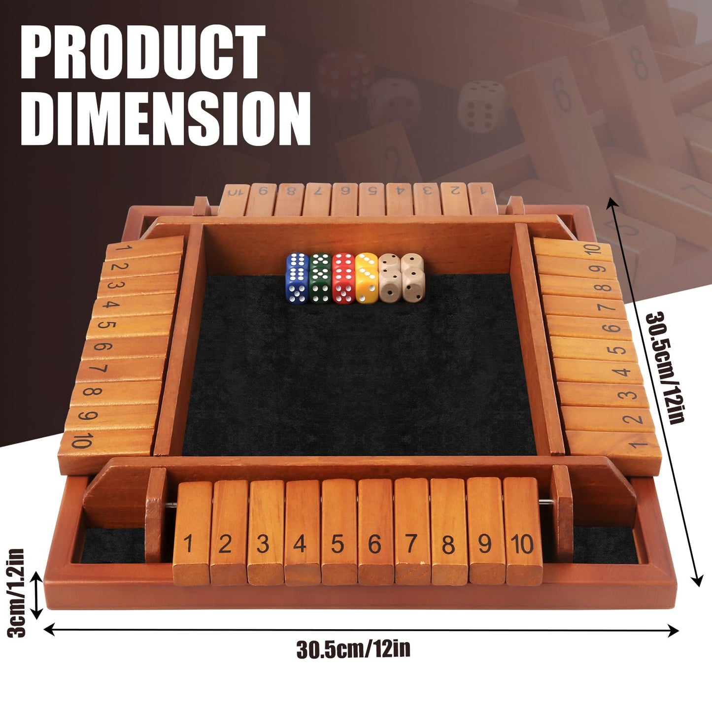 Toidgy Four-Player Shut The Box – Wooden Dice Game (12 Dice, Manual)