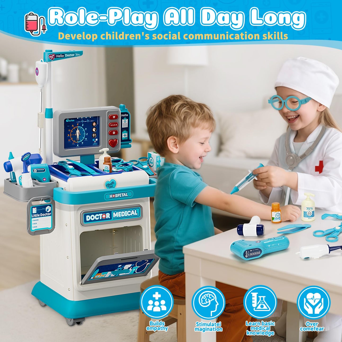 Toidgy Doctor Kit for Toddlers 3-5 | Pretend Medical Play Set with Cart & Stethoscope