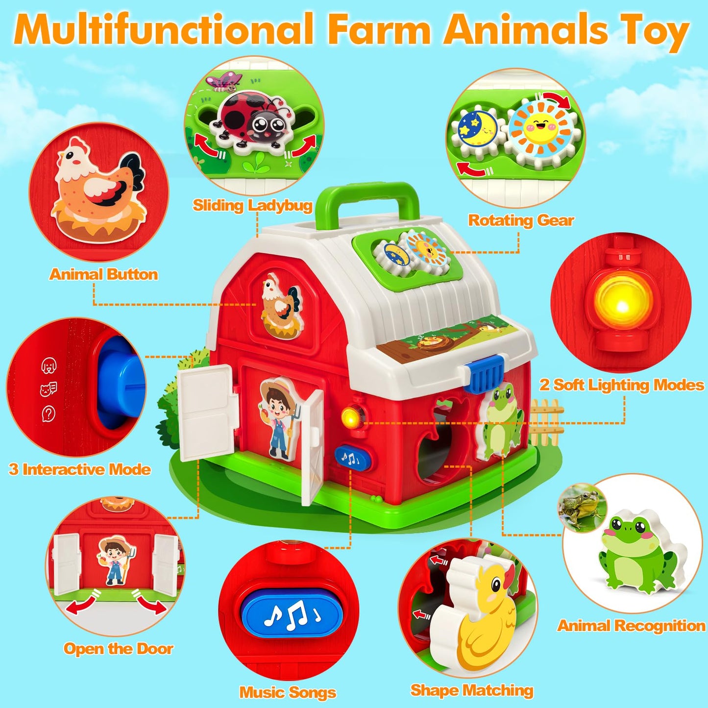 Toidgy Montessori Farm Toys for Toddlers 1-3 | Sound & Light Barn with Shape Sorting