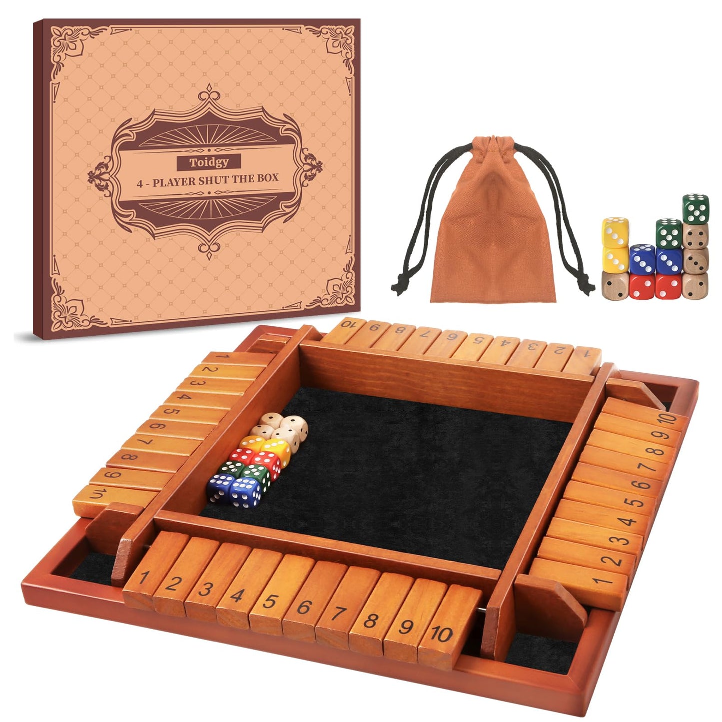 Toidgy Four-Player Shut The Box – Wooden Dice Game (12 Dice, Manual)