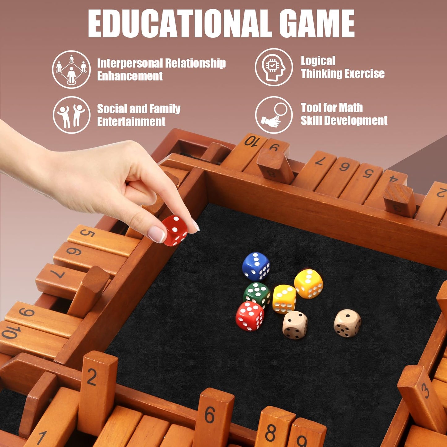 Toidgy Four-Player Shut The Box – Wooden Dice Game (12 Dice, Manual)