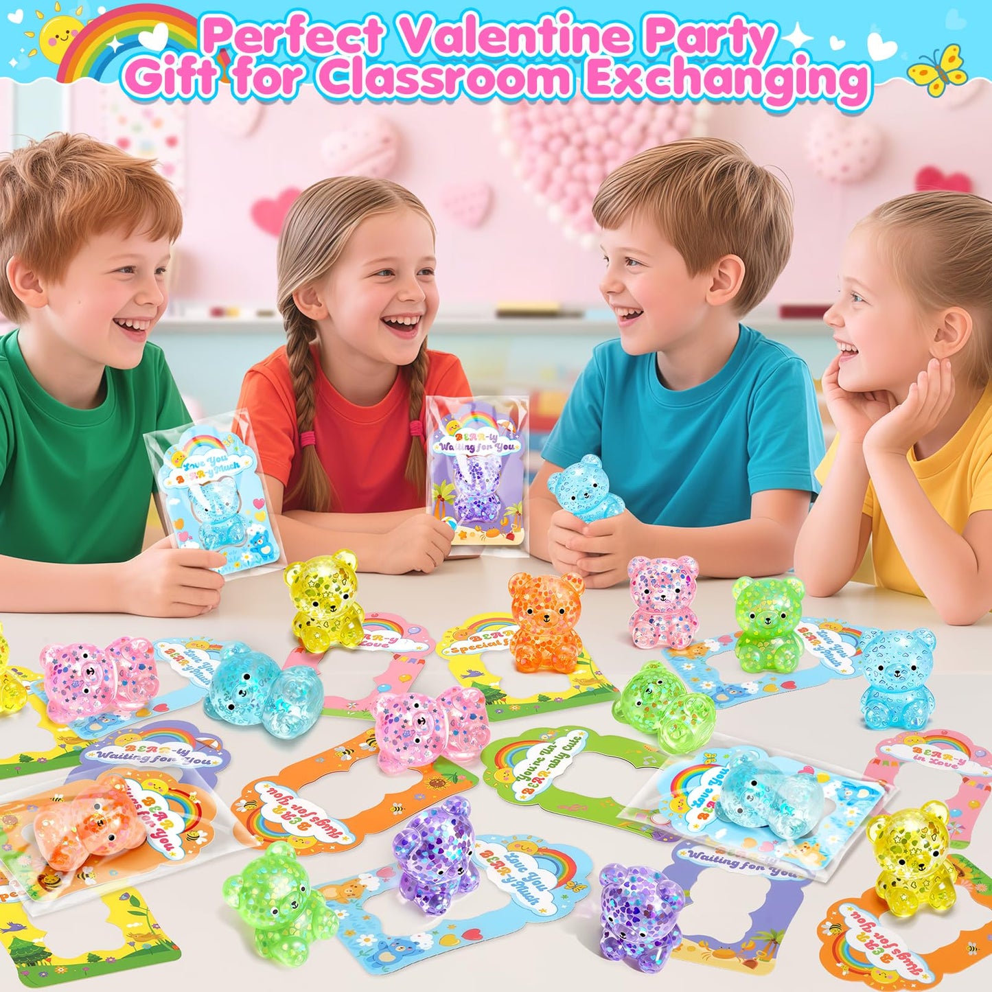 Toidgy Valentines Day Cards for Kids – 24 Pack with Squeeze Bear Toys & Classroom Party Favors