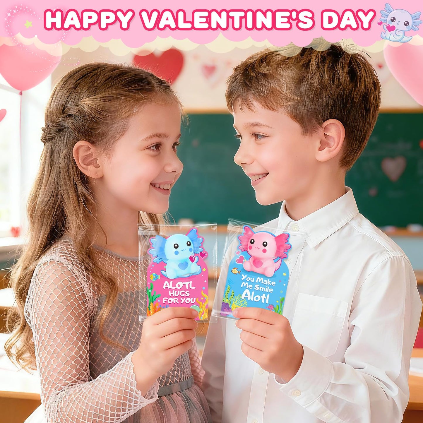 Toidgy 30-Pack Valentines Day Gifts for Kids — Axolotl Squeeze Toys, Cards & Classroom Party Favors