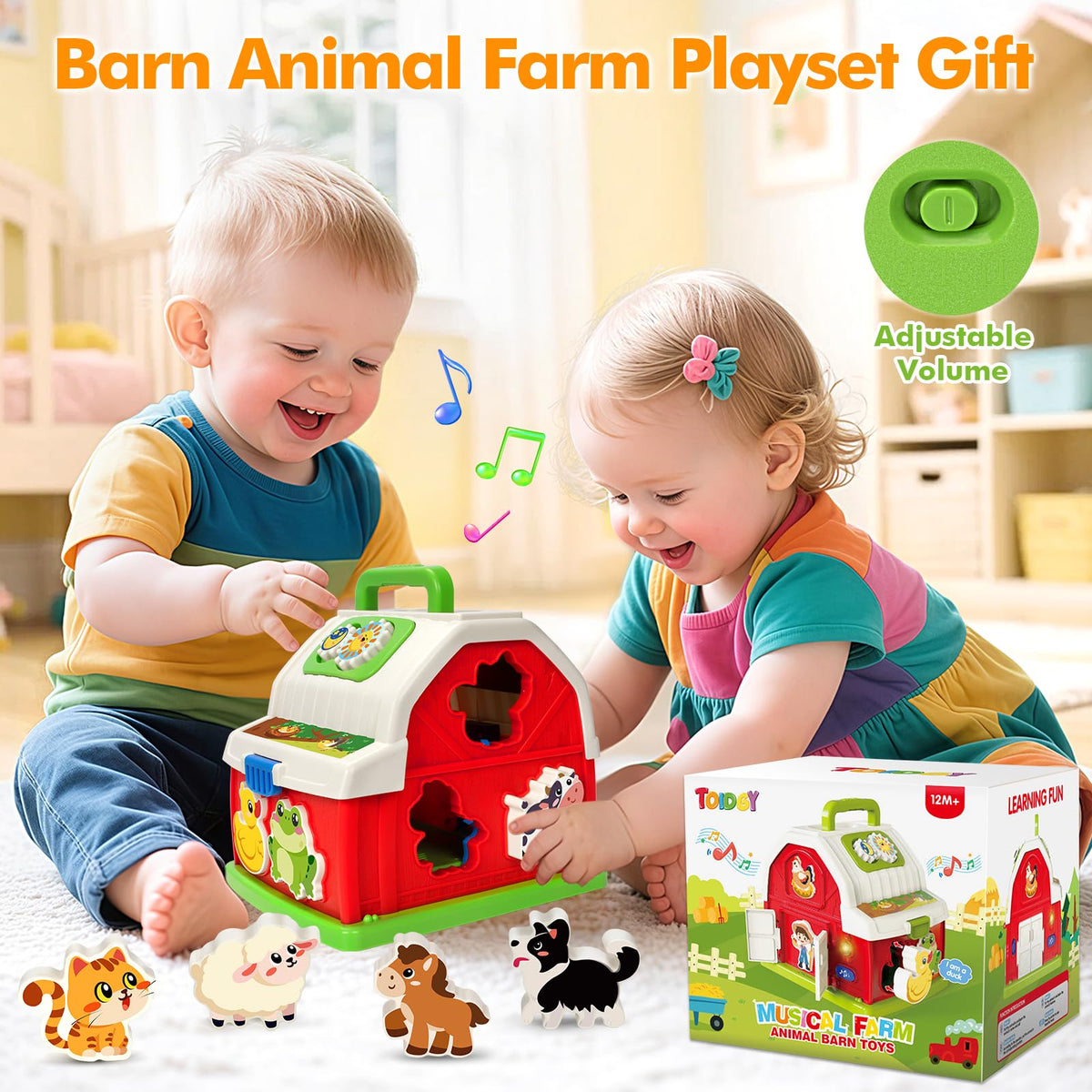 Toidgy Montessori Farm Toys for Toddlers 1-3 | Sound & Light Barn with Shape Sorting