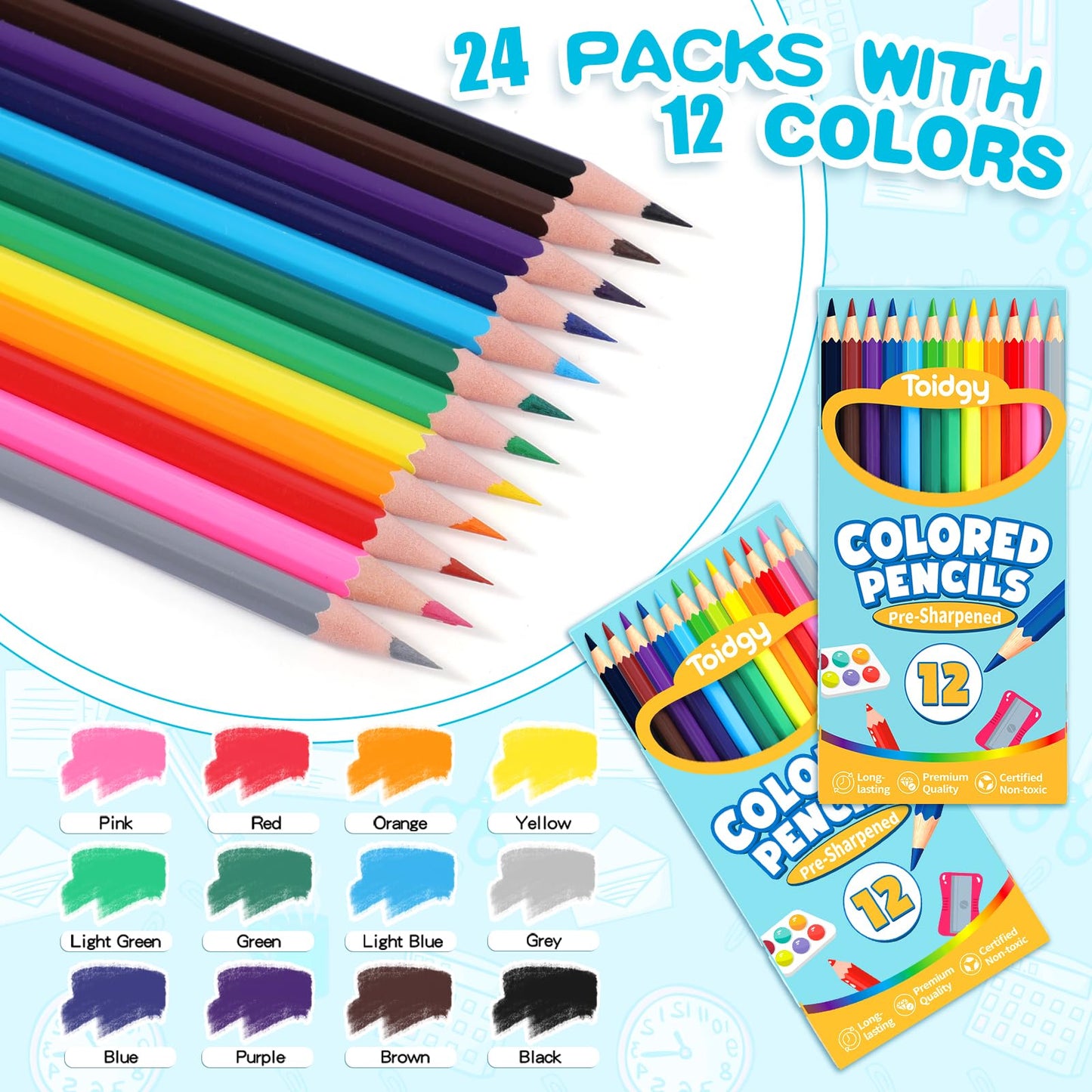 Toidgy 288-Count Colored Pencils Bulk — 24 Packs, 12 Colors, Pre-Sharpened