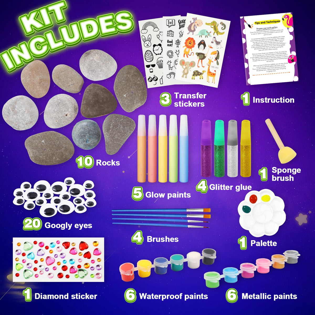 Toidgy Rock Painting Kit for Kids – Glow in the Dark Art & Craft Kit (Ages 4-12)