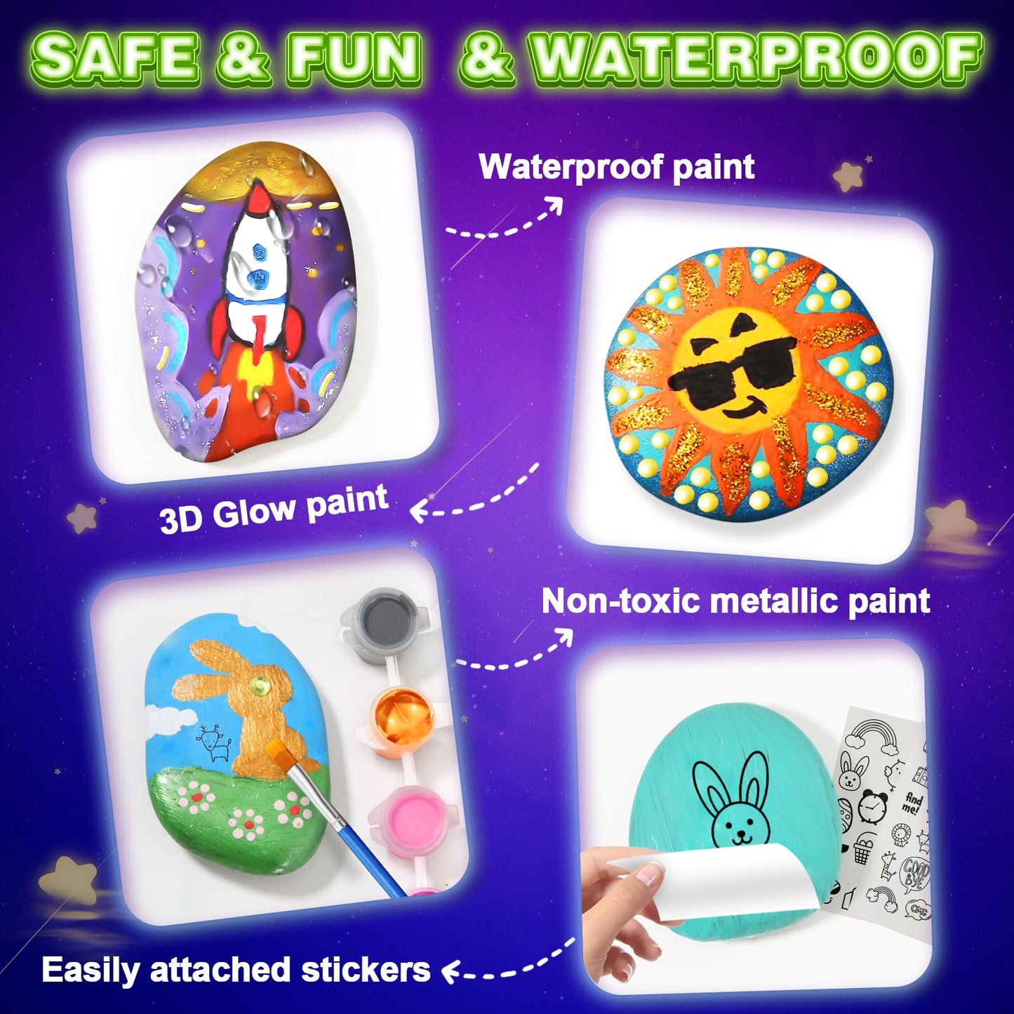 Toidgy Rock Painting Kit for Kids – Glow in the Dark Art & Craft Kit (Ages 4-12)