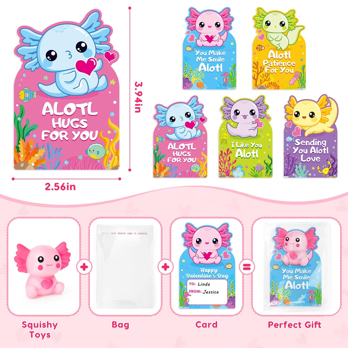 Toidgy 30-Pack Valentines Day Gifts for Kids — Axolotl Squeeze Toys, Cards & Classroom Party Favors