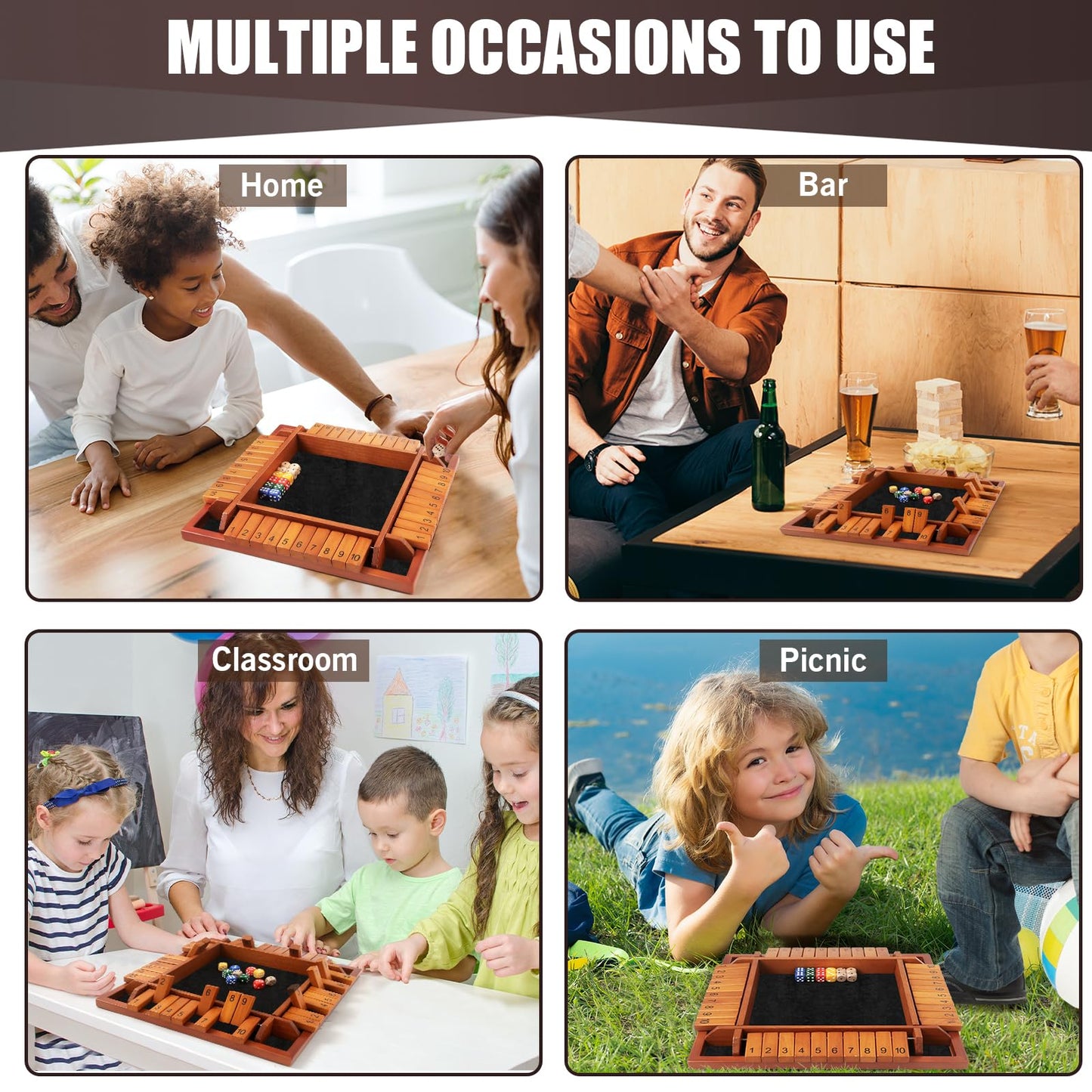Toidgy Four-Player Shut The Box – Wooden Dice Game (12 Dice, Manual)
