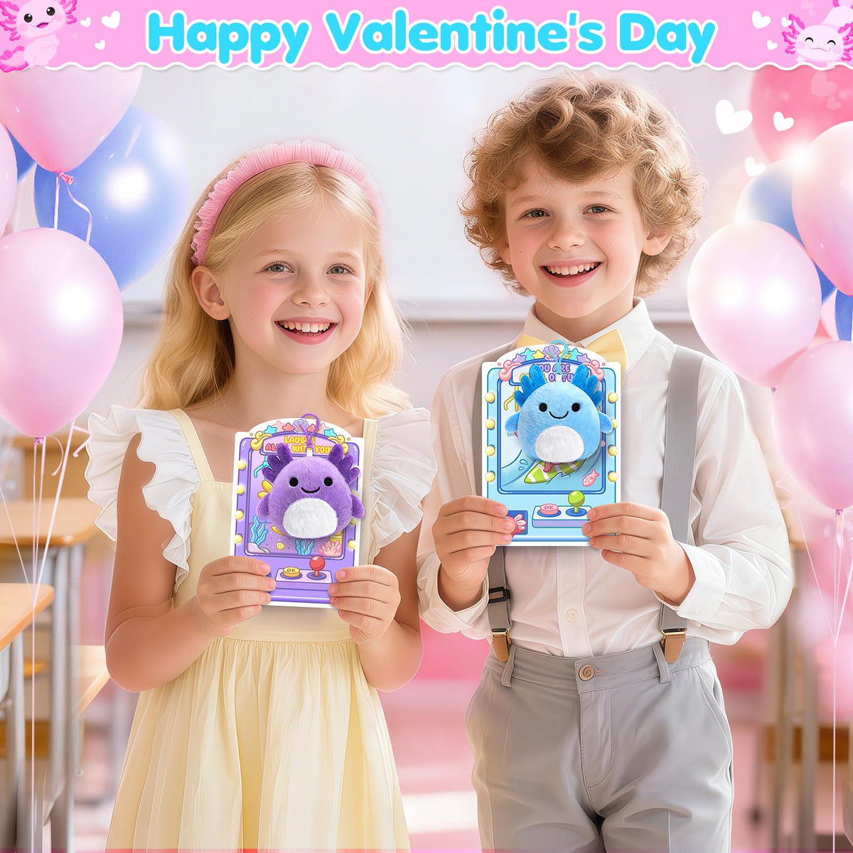 Toidgy Valentines Day Gifts for Kids — 24 Axolotl Plush Keychains & Cards